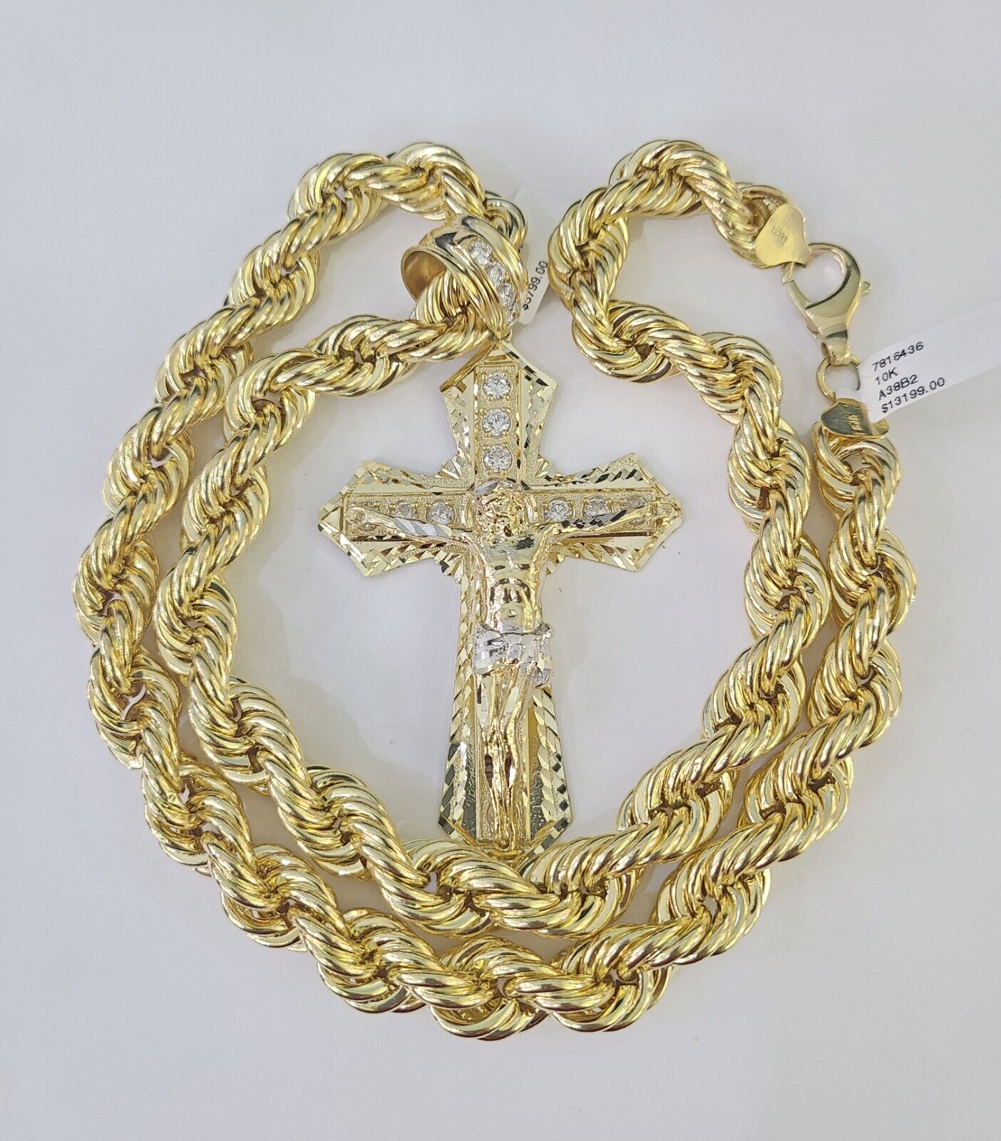 Real 10k Rope Chain Jesus Cross Charm Set 12mm 20" - 30" Inch Necklace Yellow Gold - GoldenlinQ