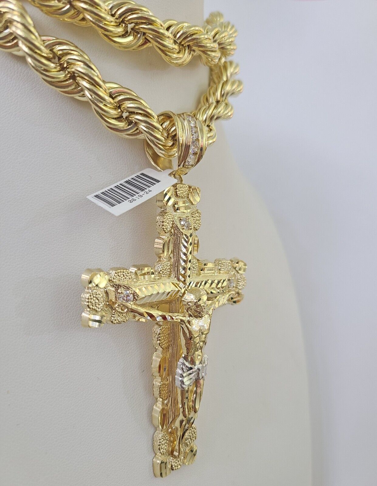 Real 10k Rope Chain Jesus Cross Charm Set 12mm 20" - 30" Inch Necklace Yellow Gold - GoldenlinQ