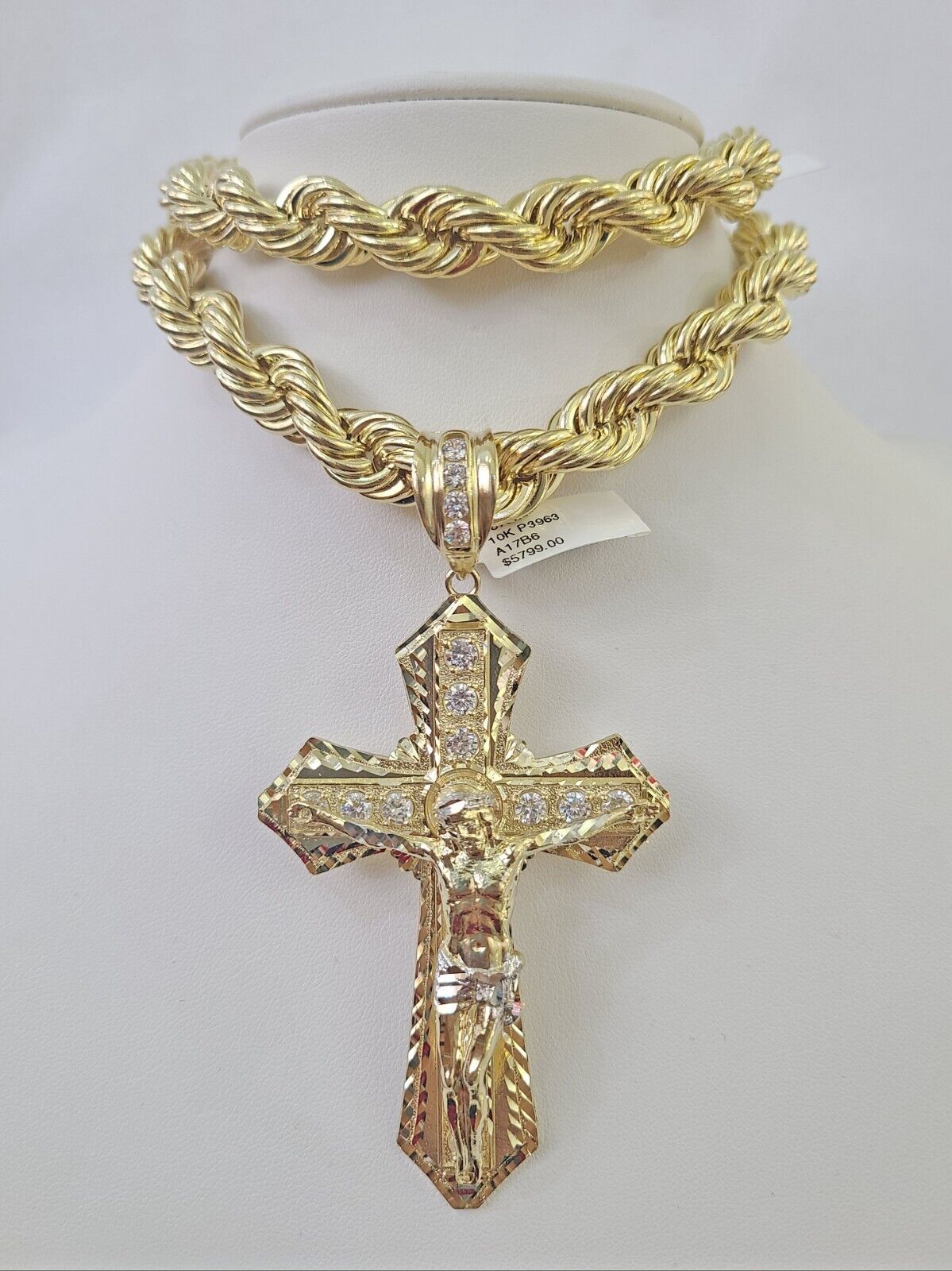 Real 10k Rope Chain Jesus Cross Charm Set 12mm 20" - 30" Inch Necklace Yellow Gold - GoldenlinQ
