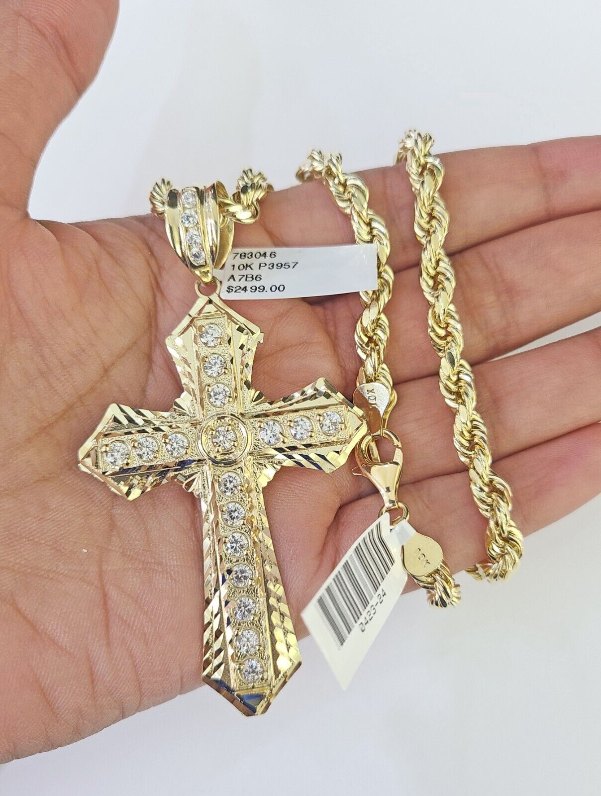 Real 10k Rope Chain Jesus Cross Charm Set 7mm 18" - 26" Inch Necklace Yellow Gold - GoldenlinQ