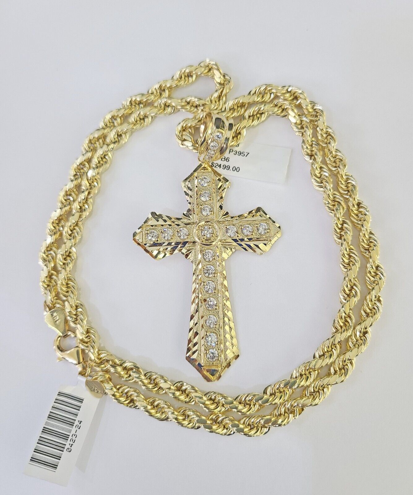 Real 10k Rope Chain Jesus Cross Charm Set 7mm 18" - 26" Inch Necklace Yellow Gold - GoldenlinQ