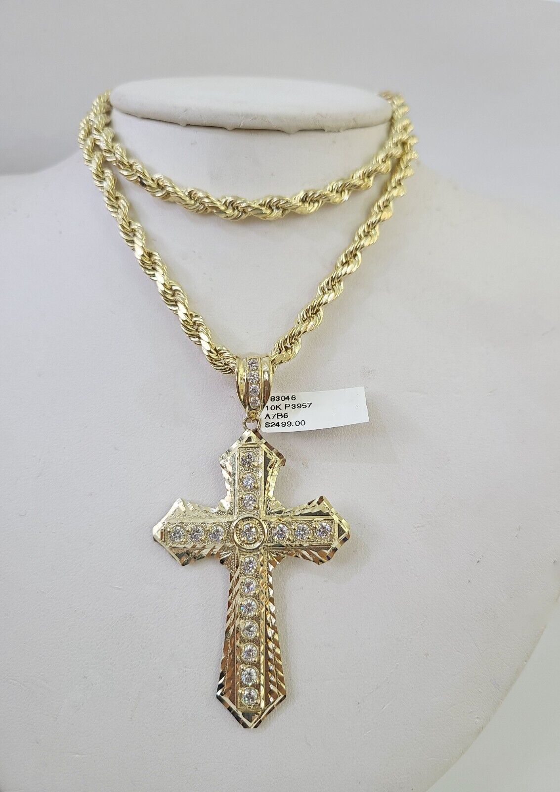 Real 10k Rope Chain Jesus Cross Charm Set 7mm 18" - 26" Inch Necklace Yellow Gold - GoldenlinQ