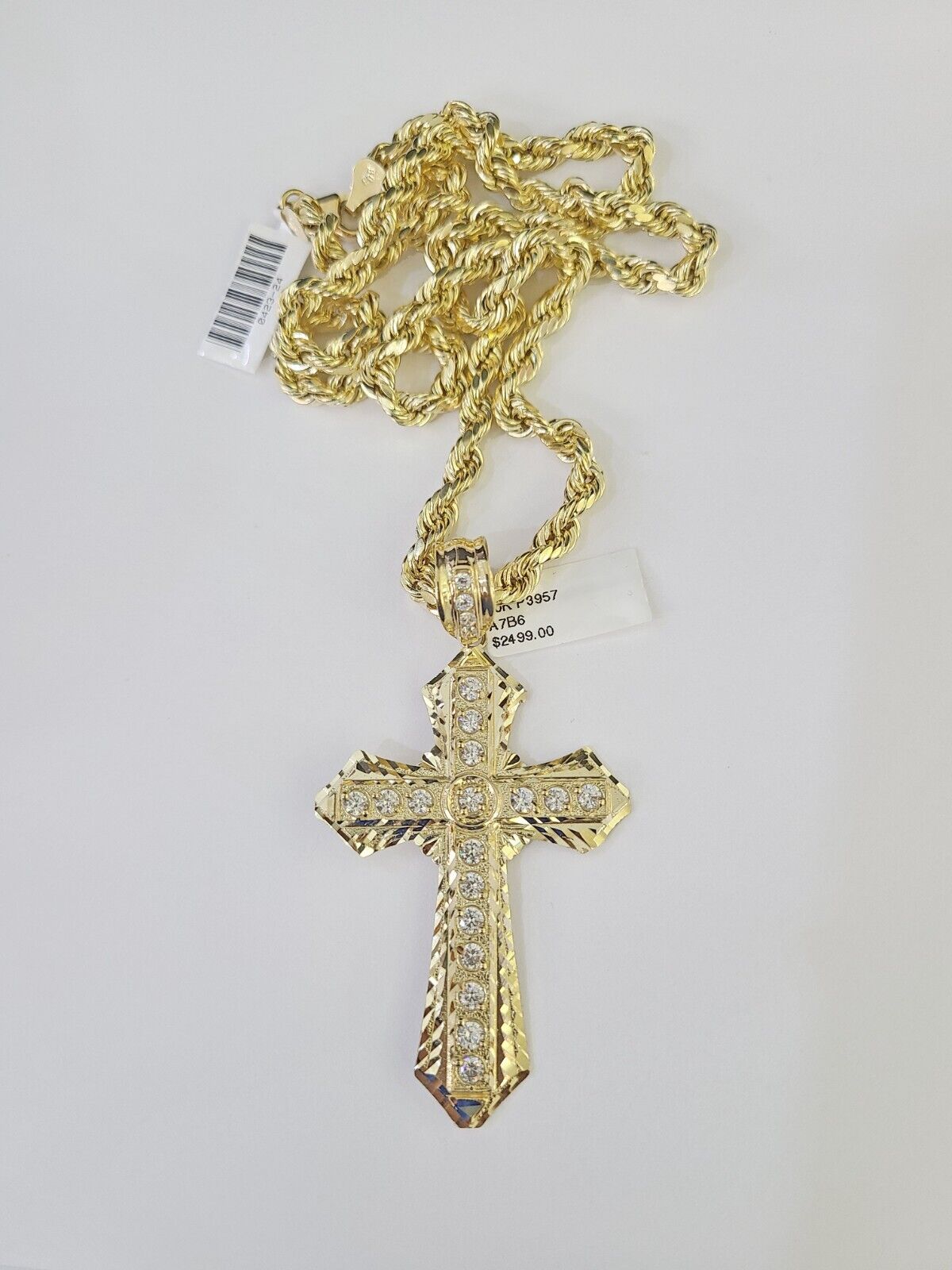 Real 10k Rope Chain Jesus Cross Charm Set 7mm 18" - 26" Inch Necklace Yellow Gold - GoldenlinQ
