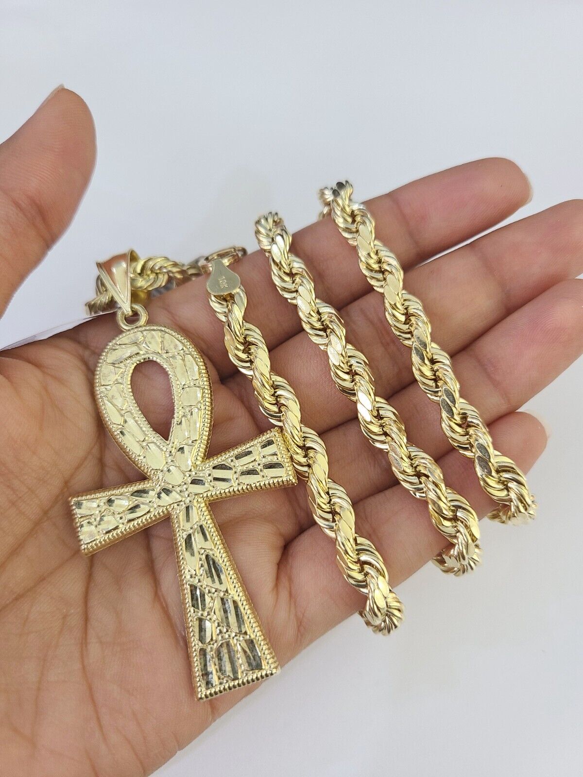 Real 10k Rope Chain Jesus Cross Charm Set 7mm 20" - 28" Inch Necklace Yellow Gold - GoldenlinQ