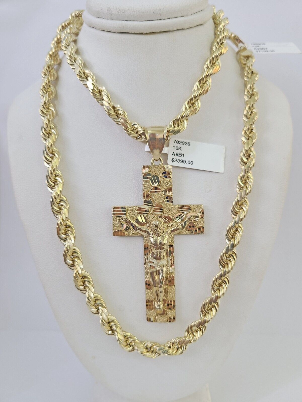 Real 10k Rope Chain Jesus Cross Charm Set 7mm 20" - 28" Inch Necklace Yellow Gold - GoldenlinQ