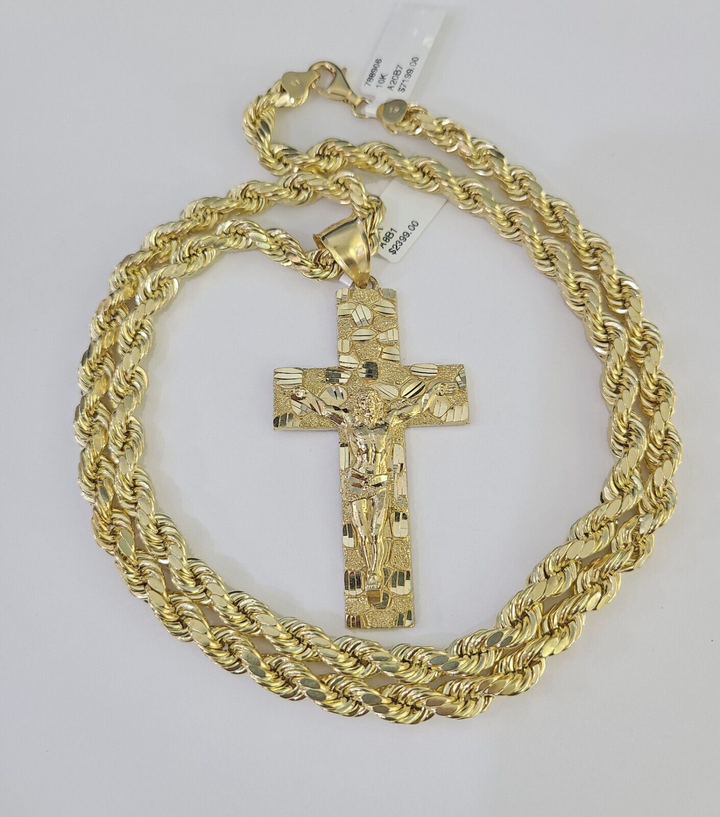 Real 10k Rope Chain Jesus Cross Charm Set 7mm 20" - 28" Inch Necklace Yellow Gold - GoldenlinQ