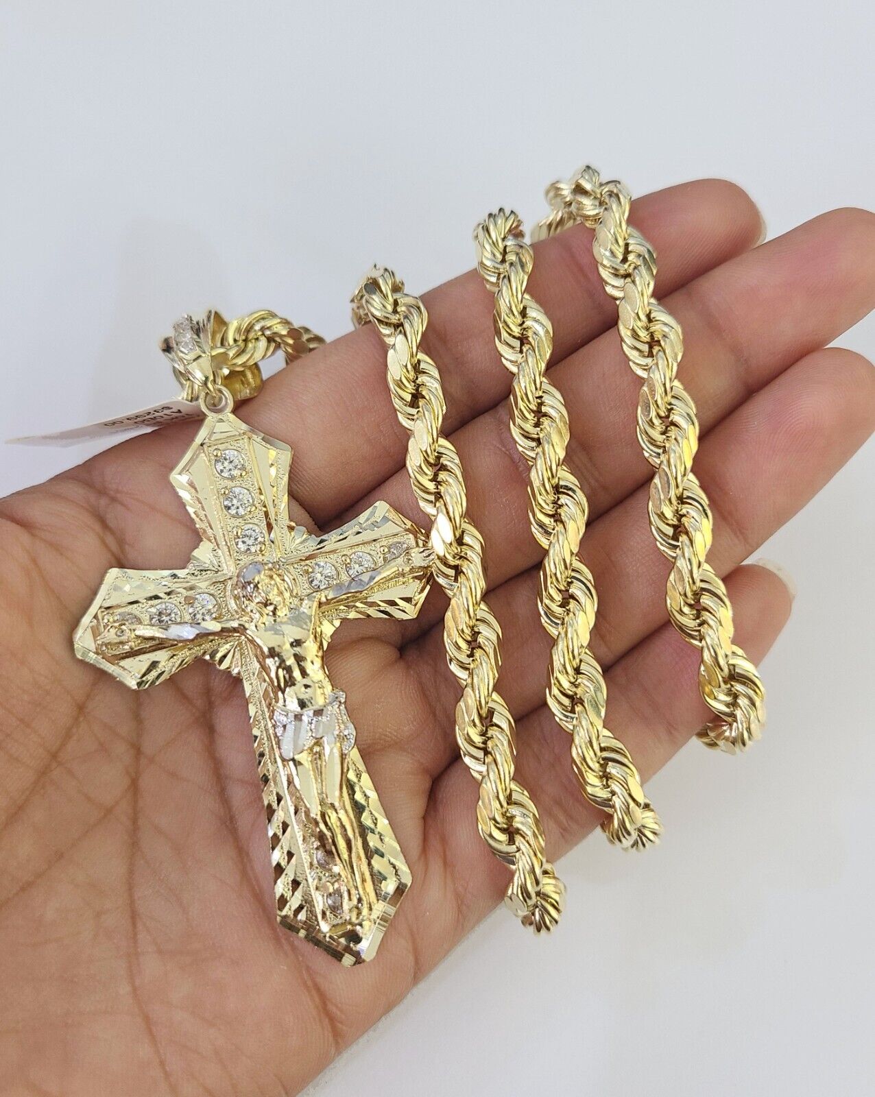 Real 10k Rope Chain Jesus Cross Charm Set 7mm 20" - 28" Inch Necklace Yellow Gold - GoldenlinQ