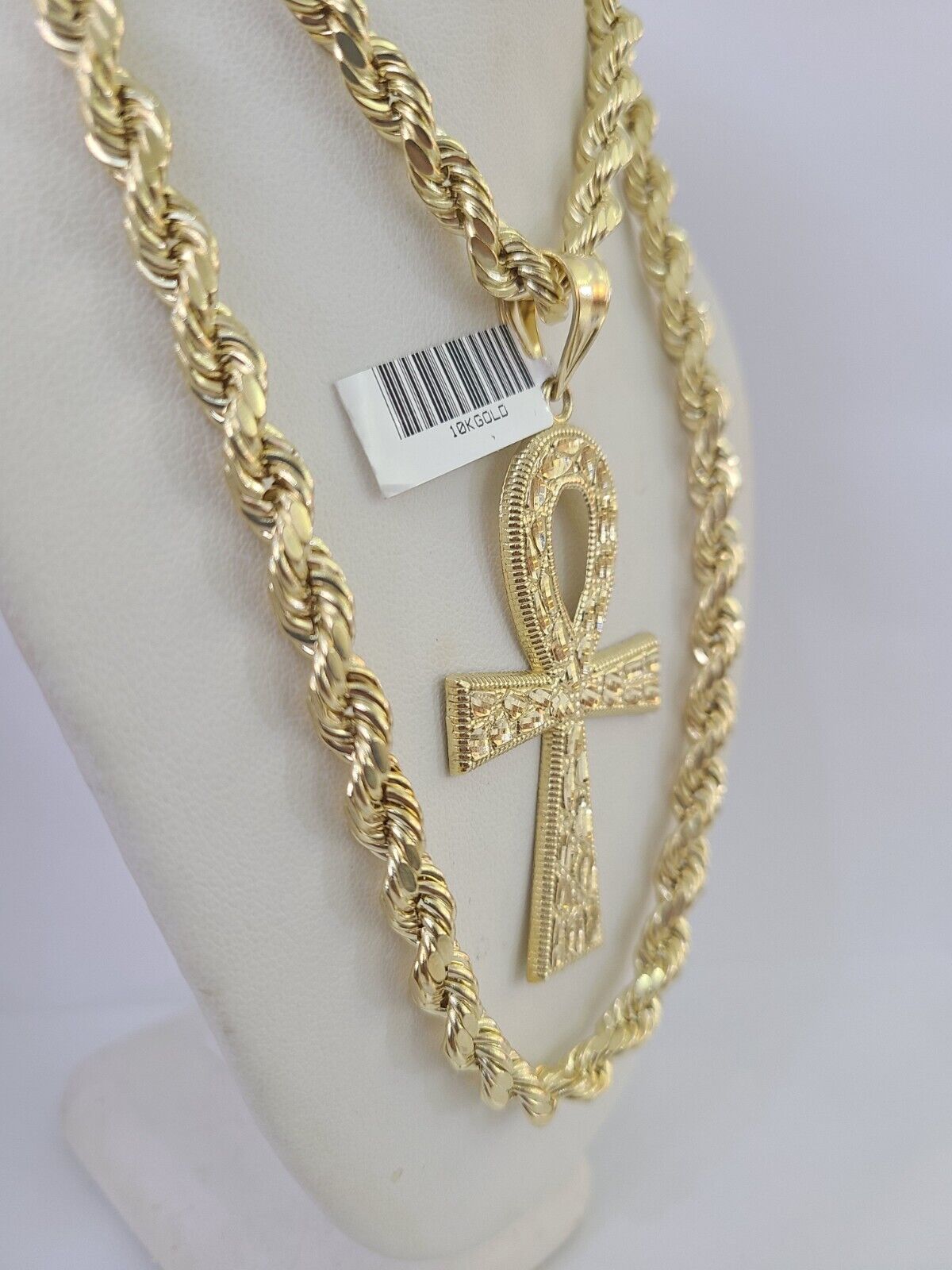 Real 10k Rope Chain Jesus Cross Charm Set 7mm 20" - 28" Inch Necklace Yellow Gold - GoldenlinQ