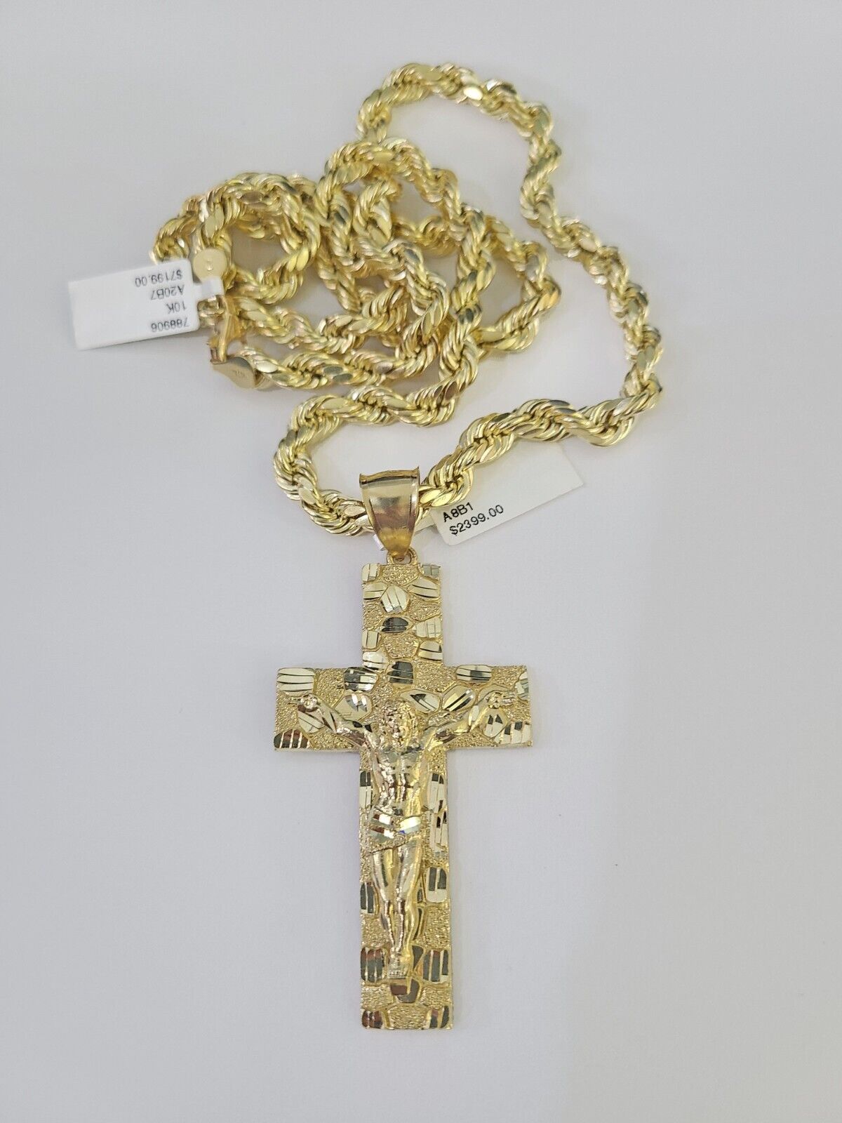 Real 10k Rope Chain Jesus Cross Charm Set 7mm 20" - 28" Inch Necklace Yellow Gold - GoldenlinQ