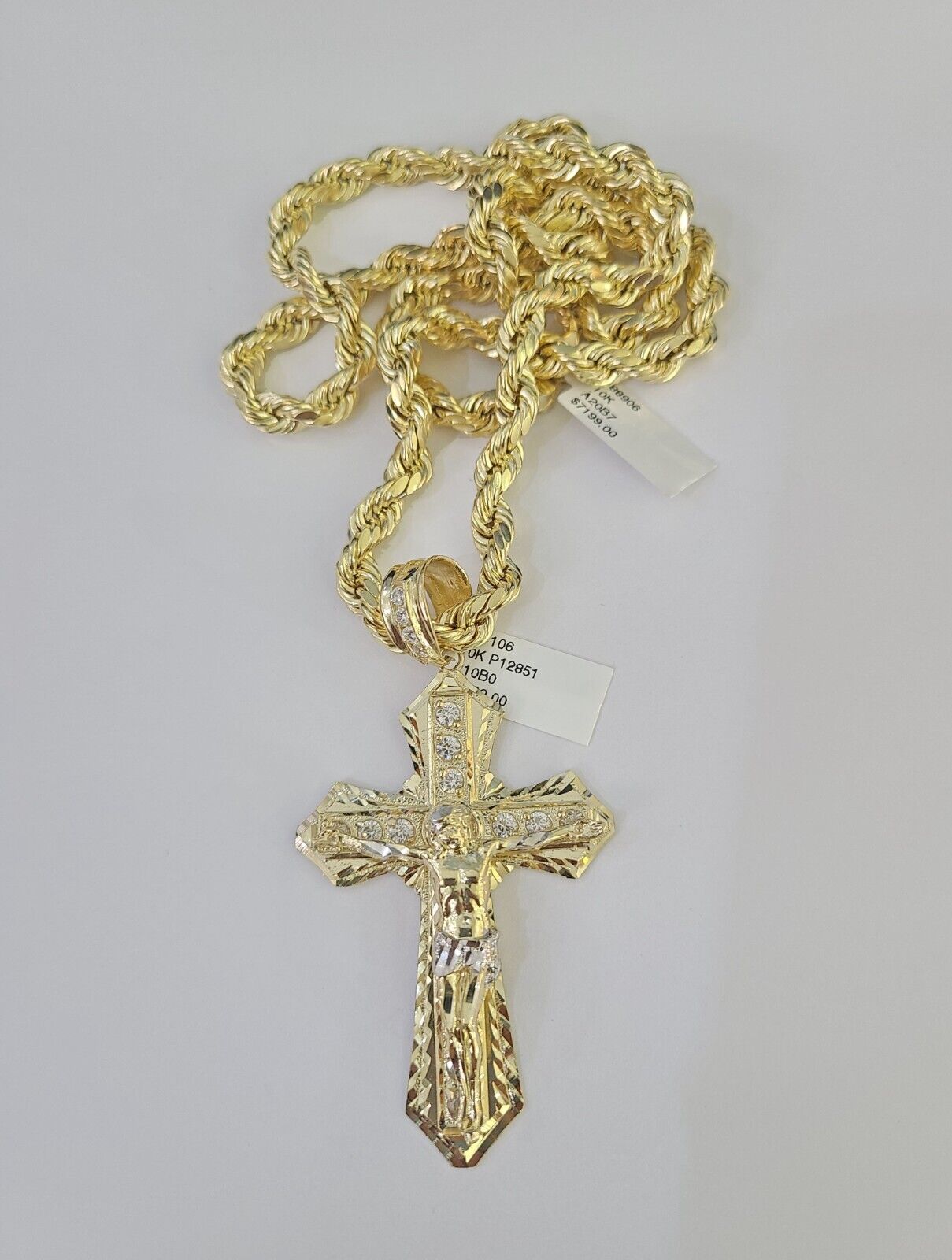 Real 10k Rope Chain Jesus Cross Charm Set 7mm 20" - 28" Inch Necklace Yellow Gold - GoldenlinQ