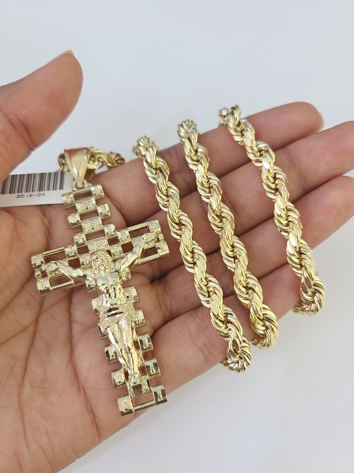 Real 10k Rope Chain Jesus Cross Charm Set 7mm 20" - 28" Inch Necklace Yellow Gold - GoldenlinQ