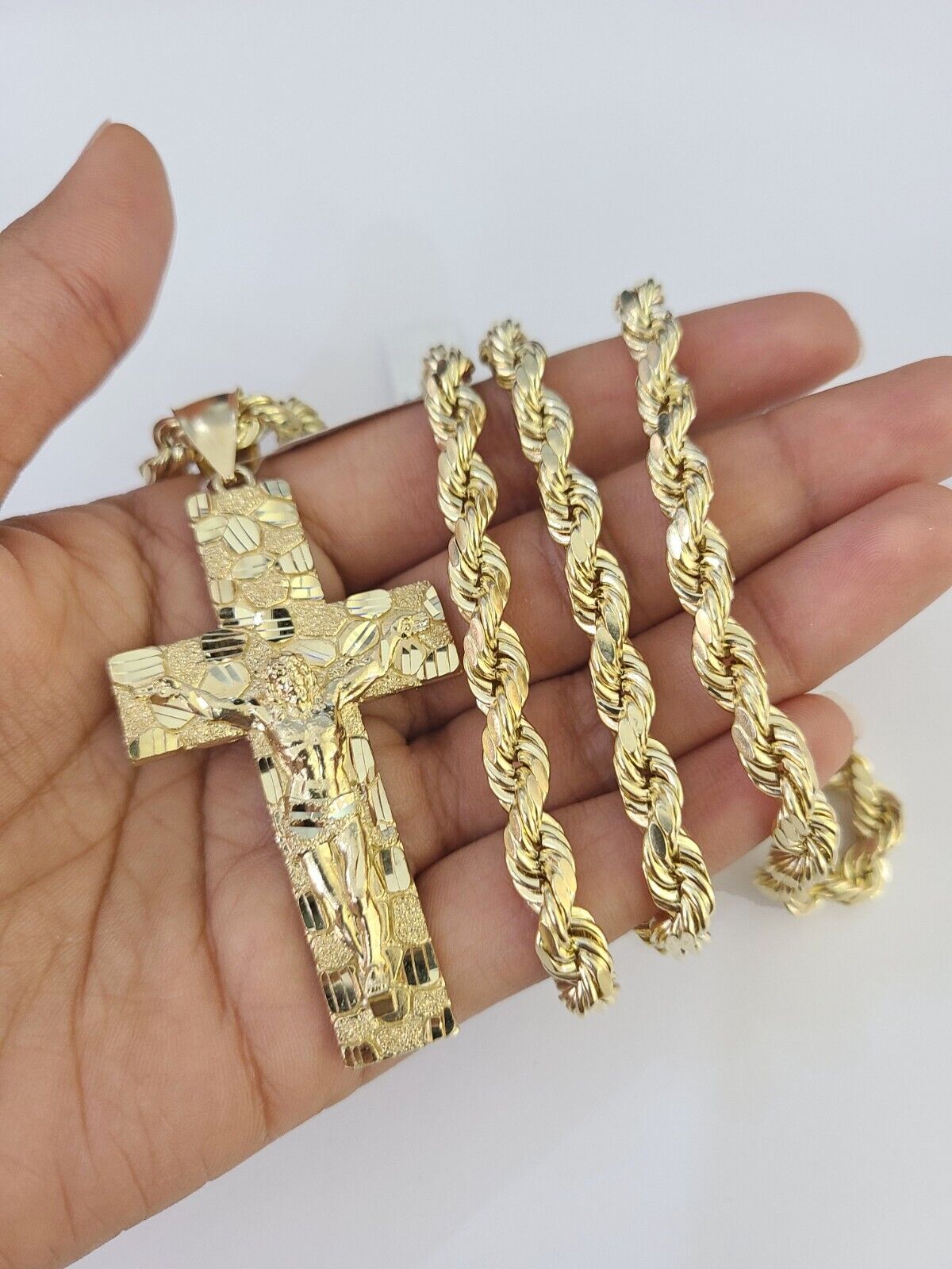 Real 10k Rope Chain Jesus Cross Charm Set 7mm 20" - 28" Inch Necklace Yellow Gold - GoldenlinQ