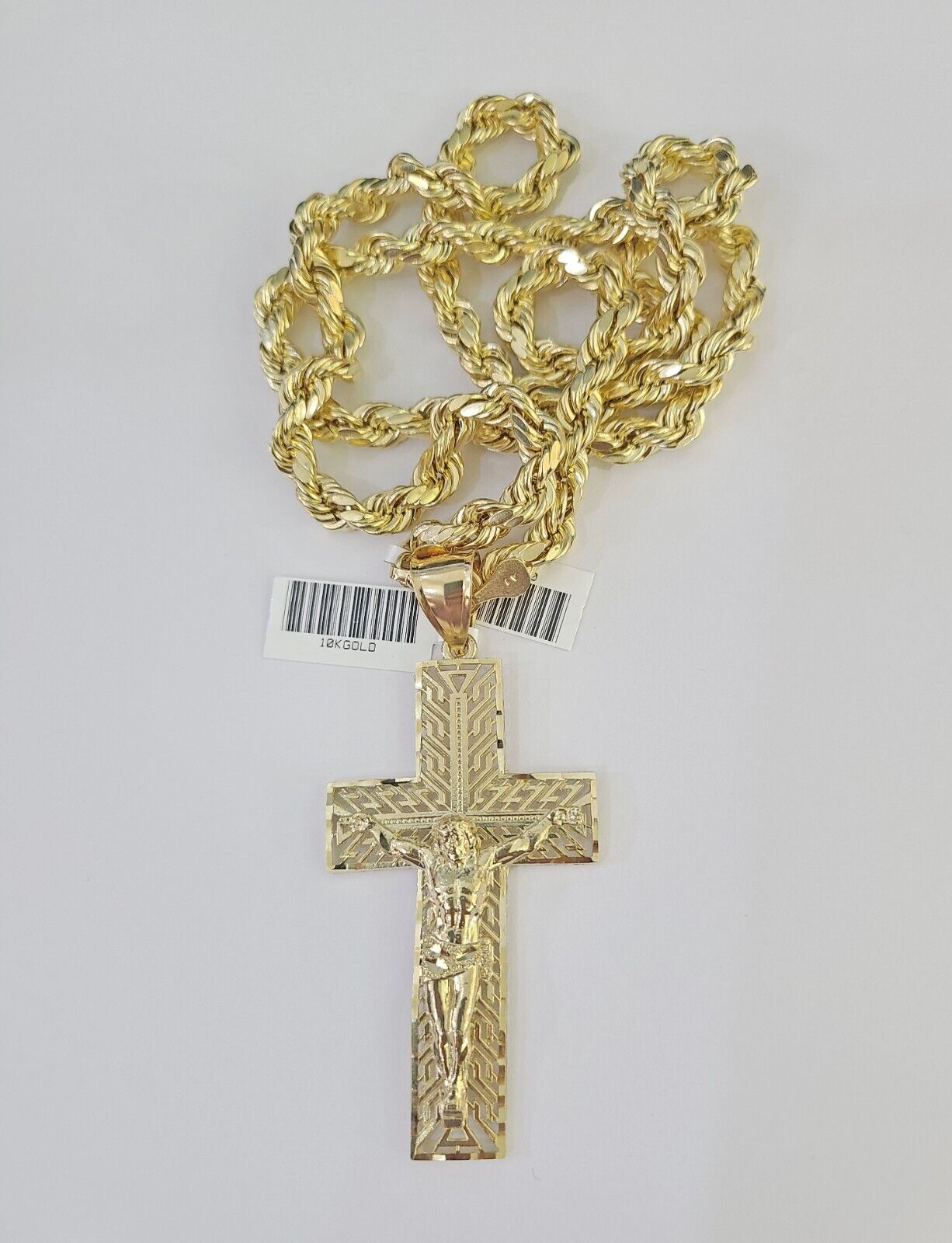 Real 10k Rope Chain Jesus Cross Charm Set 7mm 20" - 28" Inch Necklace Yellow Gold - GoldenlinQ