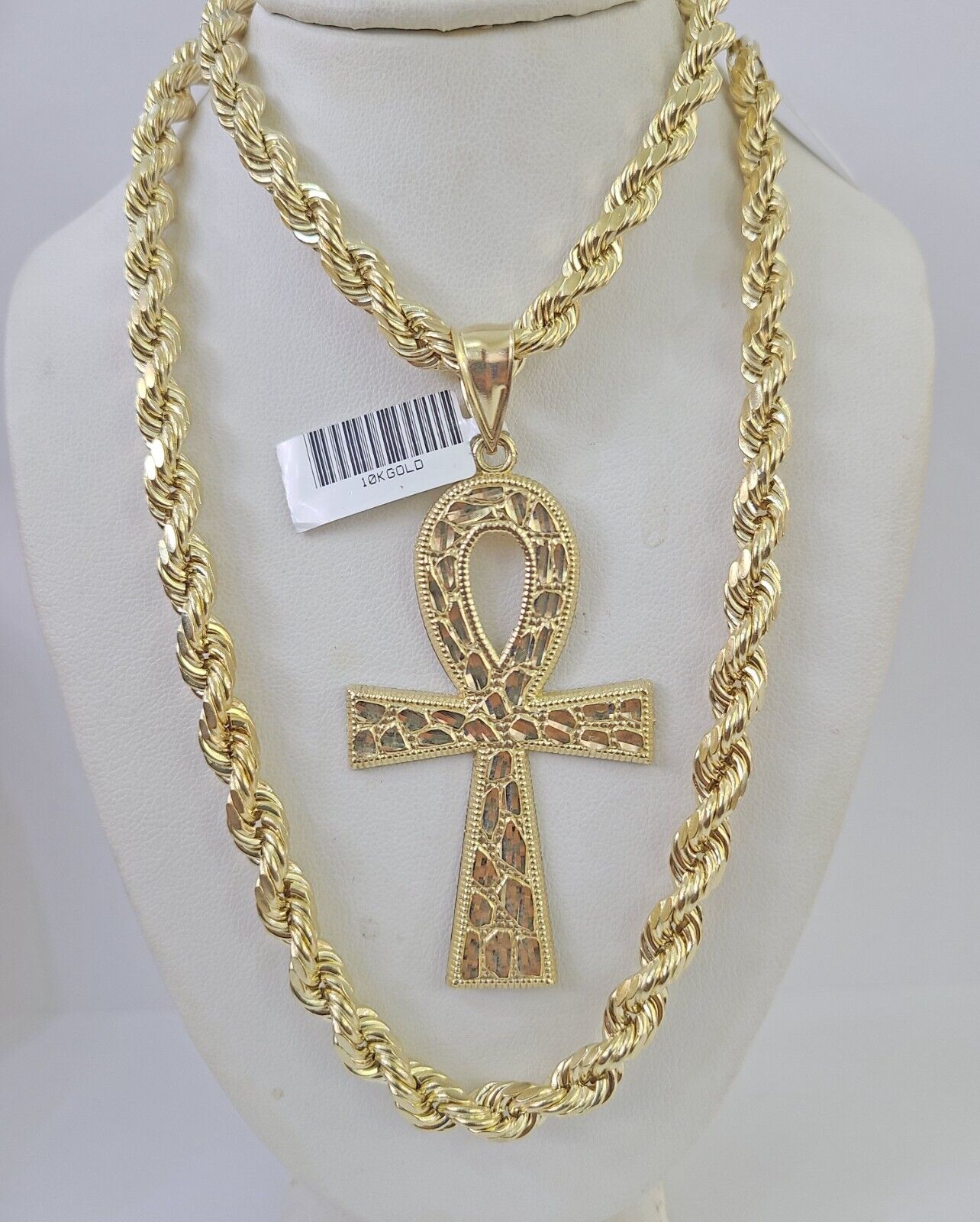 Real 10k Rope Chain Jesus Cross Charm Set 7mm 20" - 28" Inch Necklace Yellow Gold - GoldenlinQ