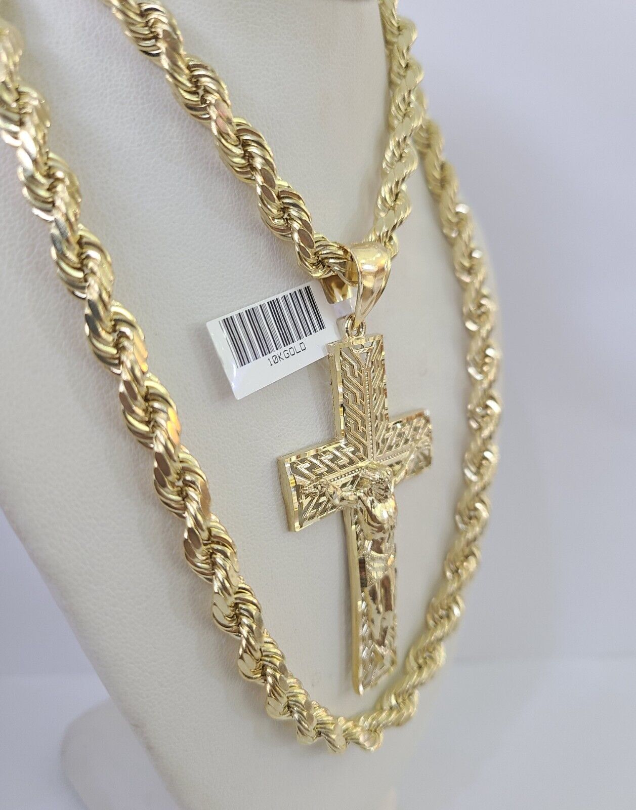 Real 10k Rope Chain Jesus Cross Charm Set 7mm 20" - 28" Inch Necklace Yellow Gold - GoldenlinQ