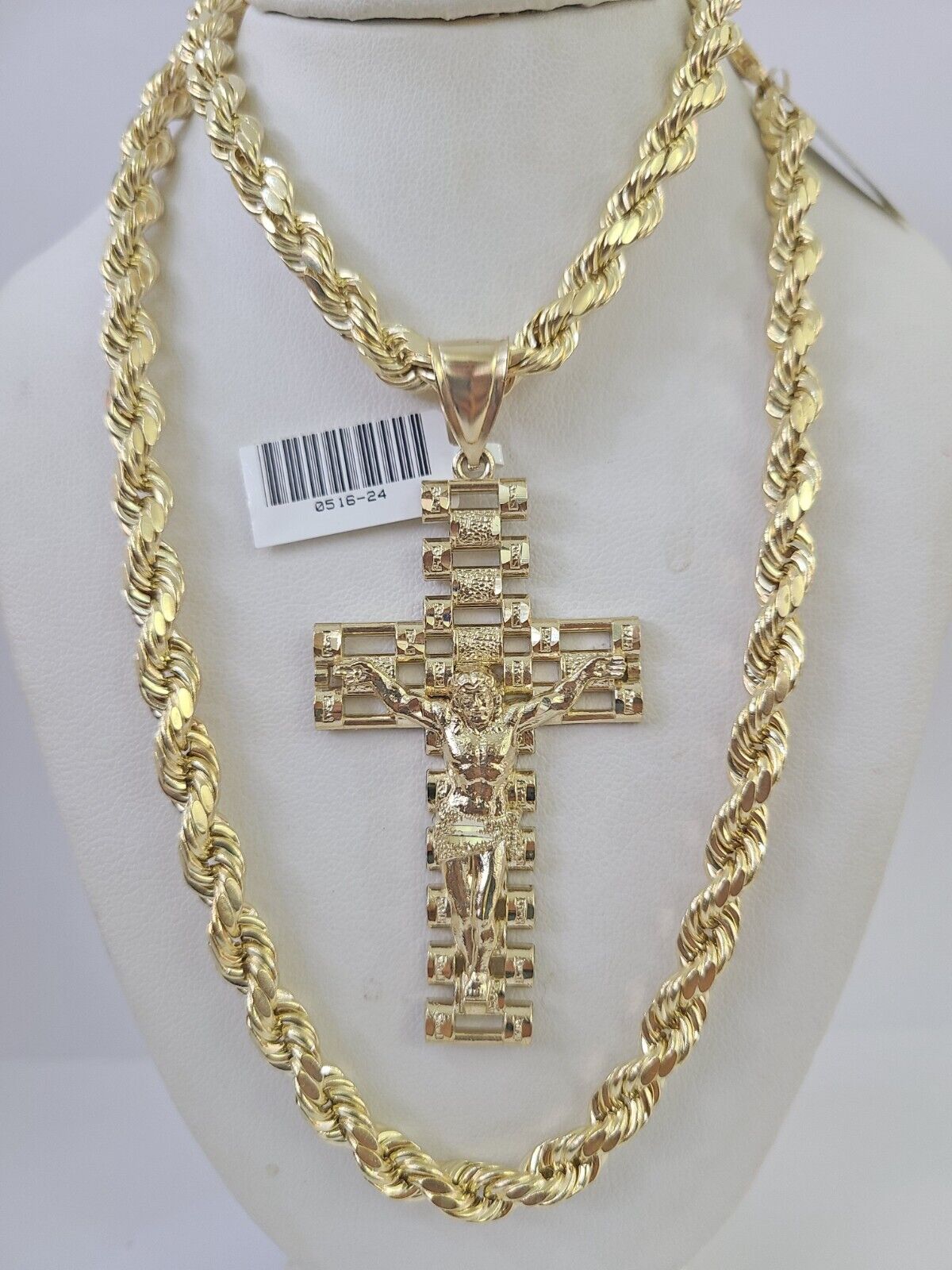 Real 10k Rope Chain Jesus Cross Charm Set 7mm 20" - 28" Inch Necklace Yellow Gold - GoldenlinQ