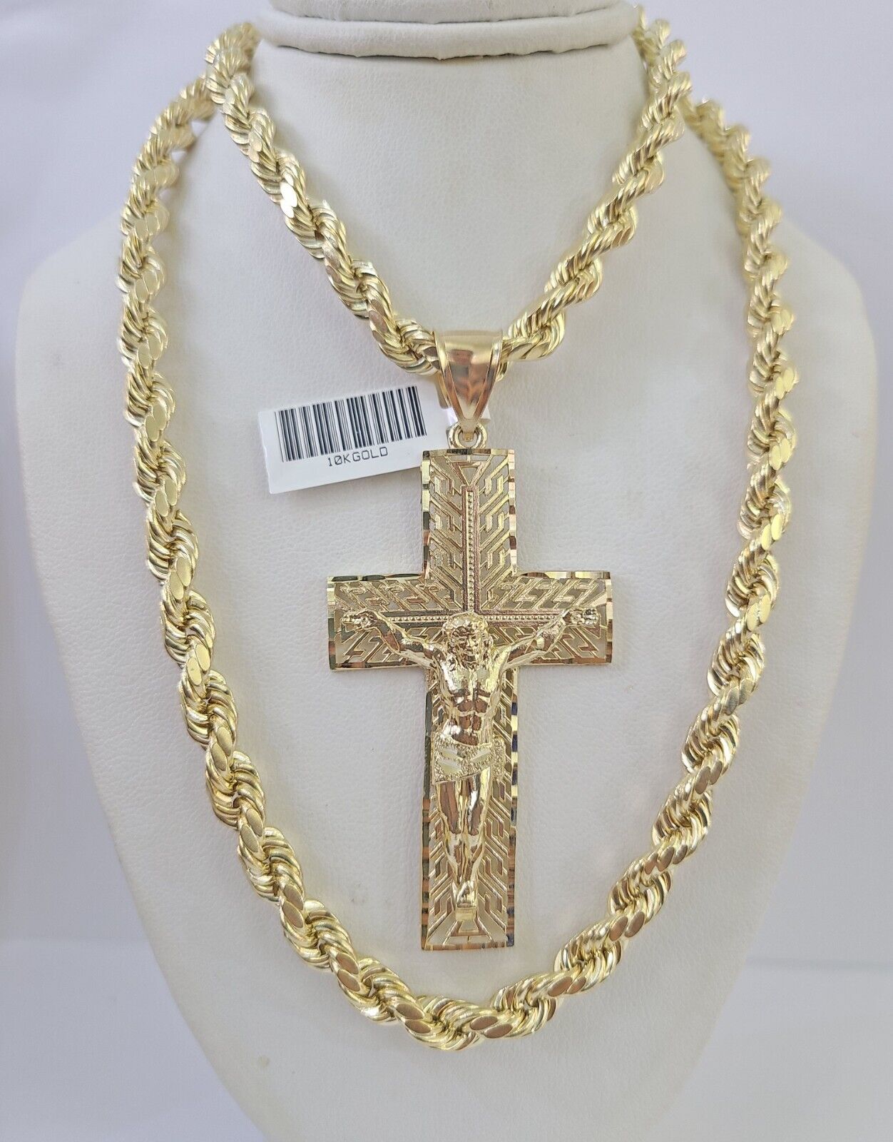 Real 10k Rope Chain Jesus Cross Charm Set 7mm 20" - 28" Inch Necklace Yellow Gold - GoldenlinQ