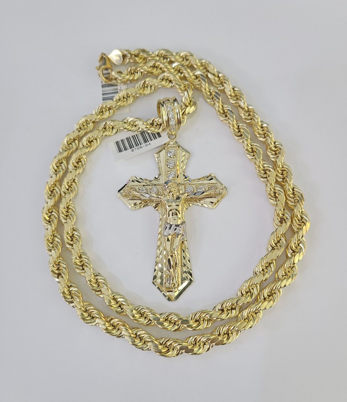 Real 10k Rope Chain Jesus Cross Charm Set 7mm 20" - 28" Inch Necklace Yellow Gold - GoldenlinQ