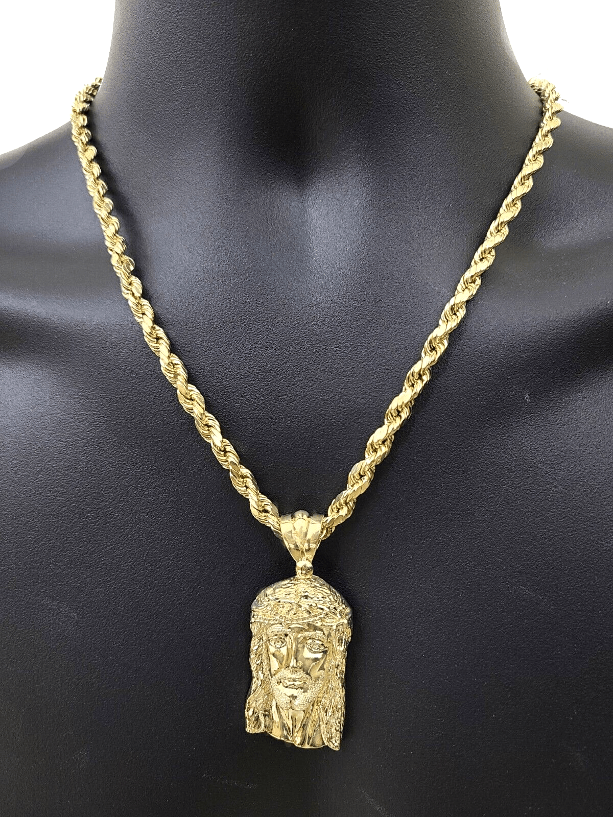 REAL 10k Rope Chain & Jesus Head Charm Pendant 7mm 18" - 28" Necklace & Jesus Face - GoldenlinQ