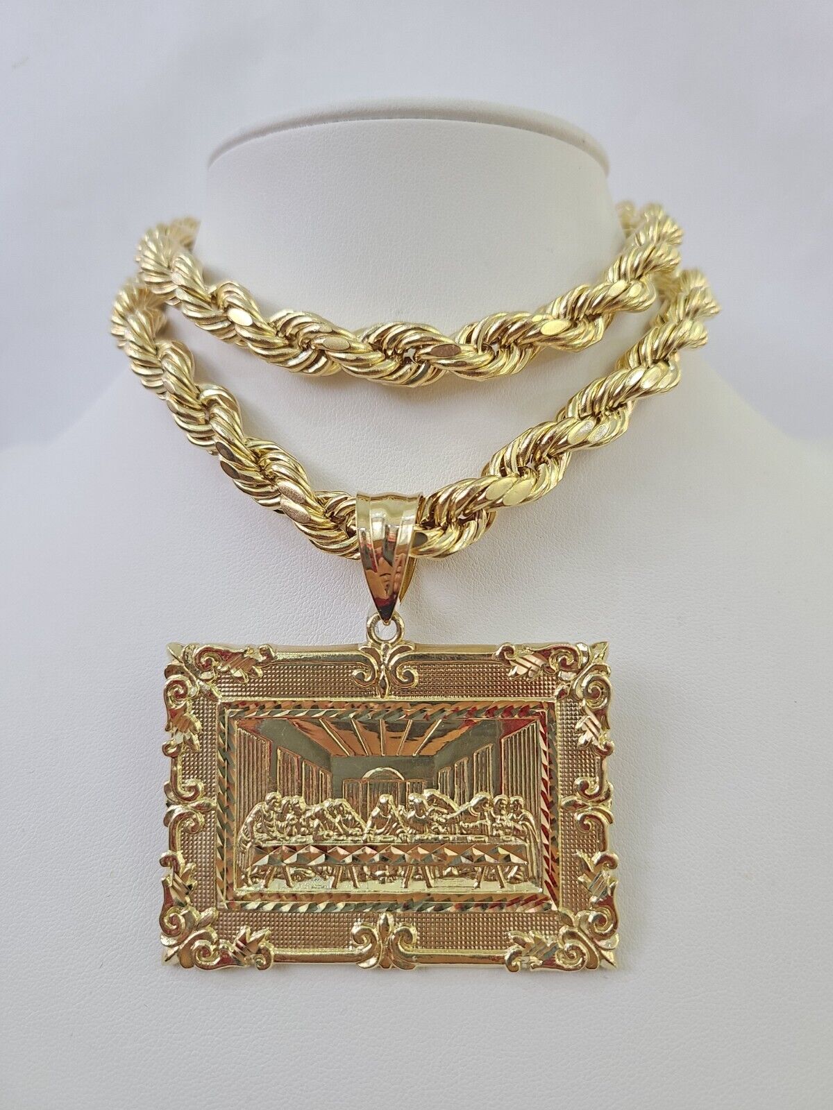 Real 10k Rope Chain Last Supper Charm Set 10mm 20" - 30" Inch Necklace Yellow Gold - GoldenlinQ