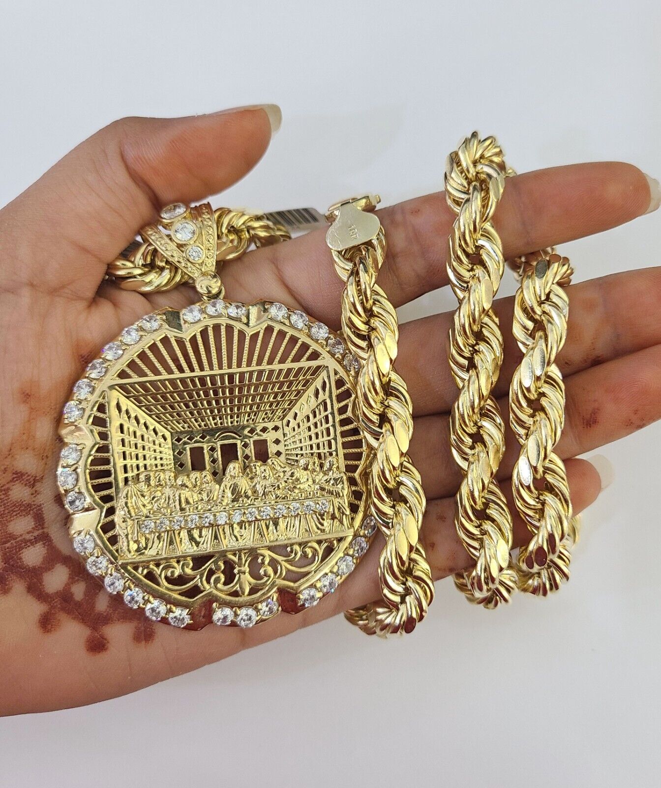 Real 10k Rope Chain Last Supper Charm Set 10mm 20" - 30" Inch Necklace Yellow Gold - GoldenlinQ