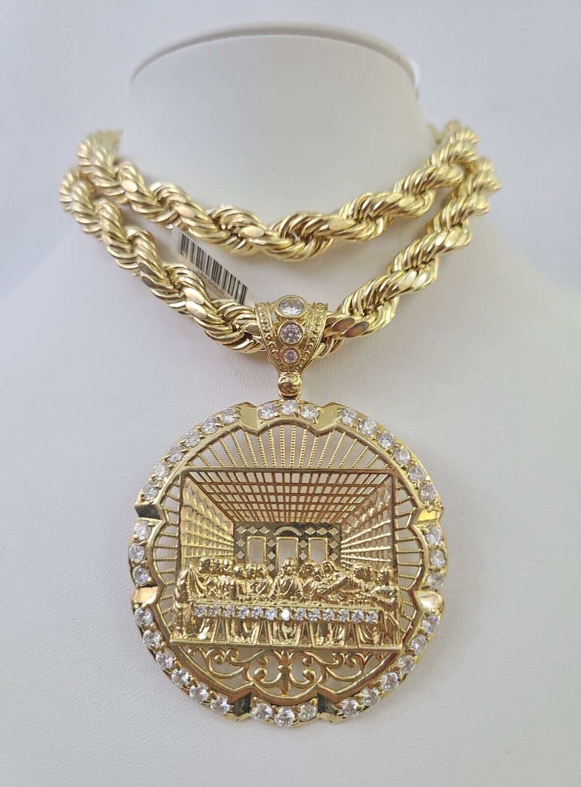 Real 10k Rope Chain Last Supper Charm Set 10mm 20" - 30" Inch Necklace Yellow Gold - GoldenlinQ