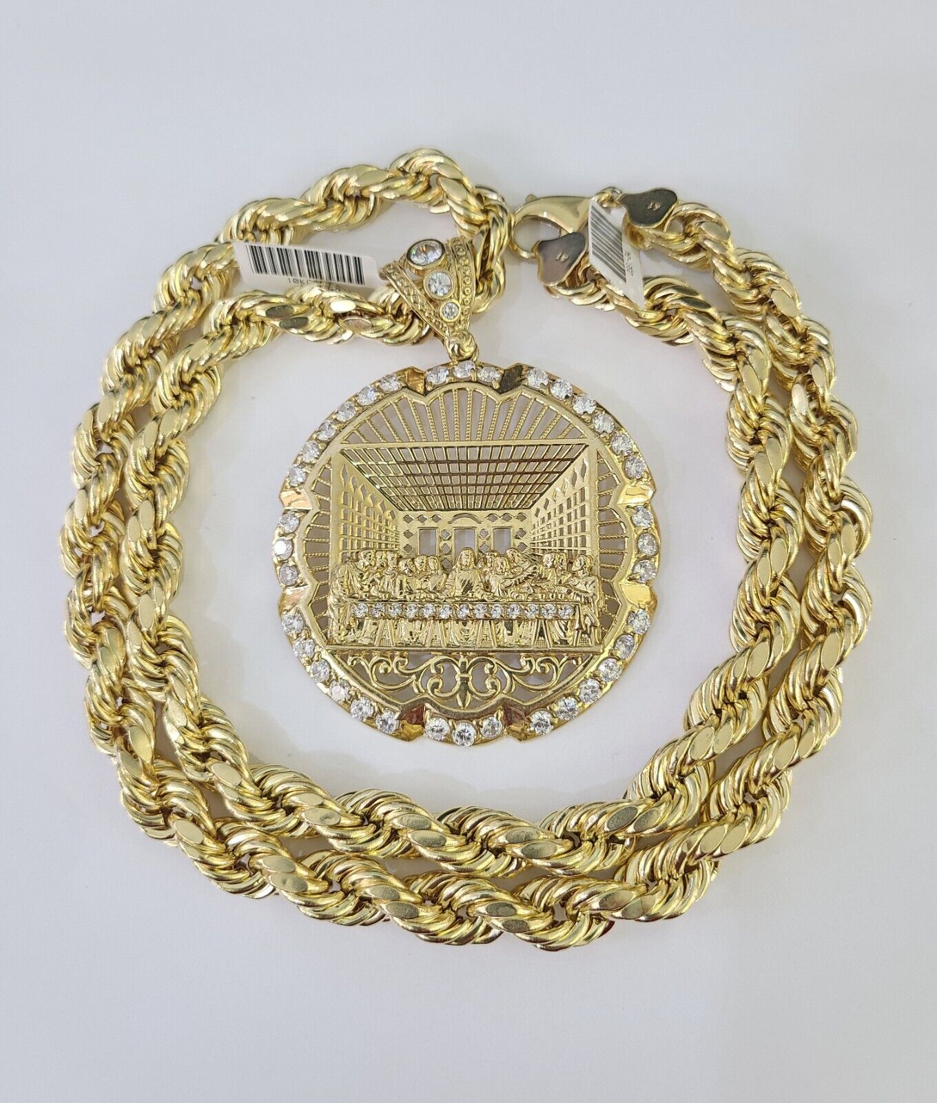 Real 10k Rope Chain Last Supper Charm Set 10mm 20" - 30" Inch Necklace Yellow Gold - GoldenlinQ