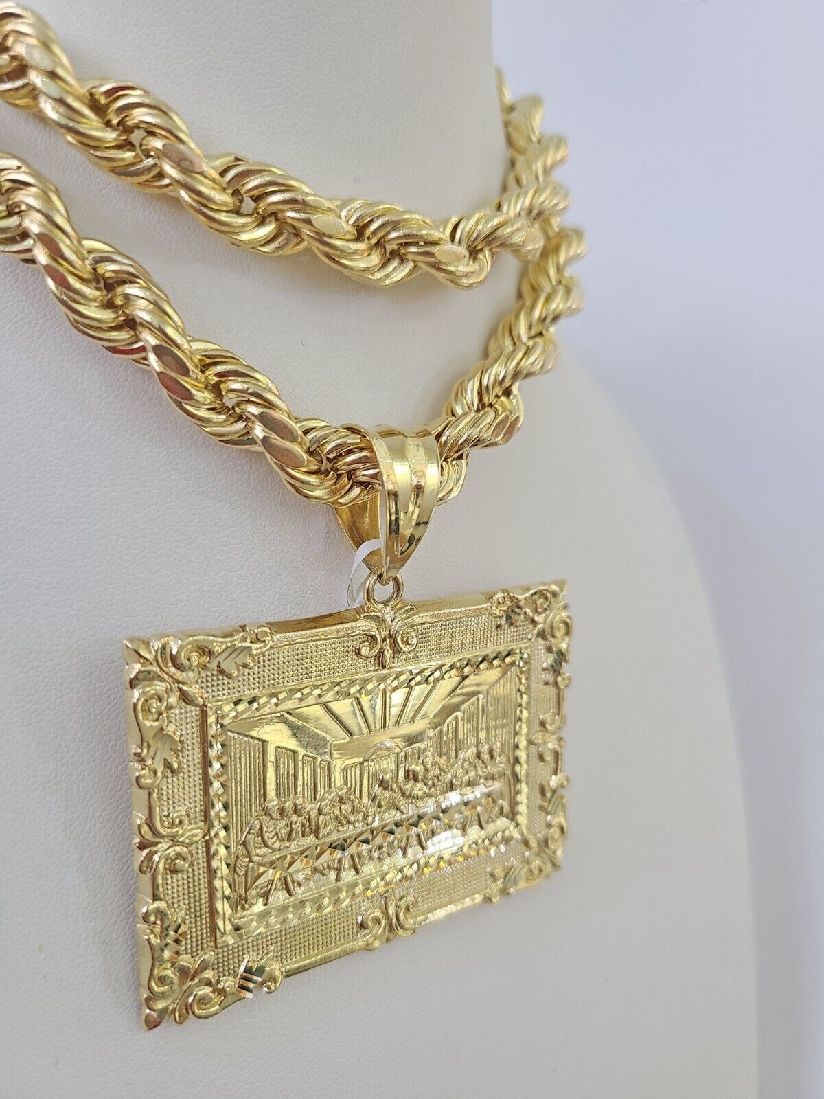 Real 10k Rope Chain Last Supper Charm Set 10mm 20" - 30" Inch Necklace Yellow Gold - GoldenlinQ