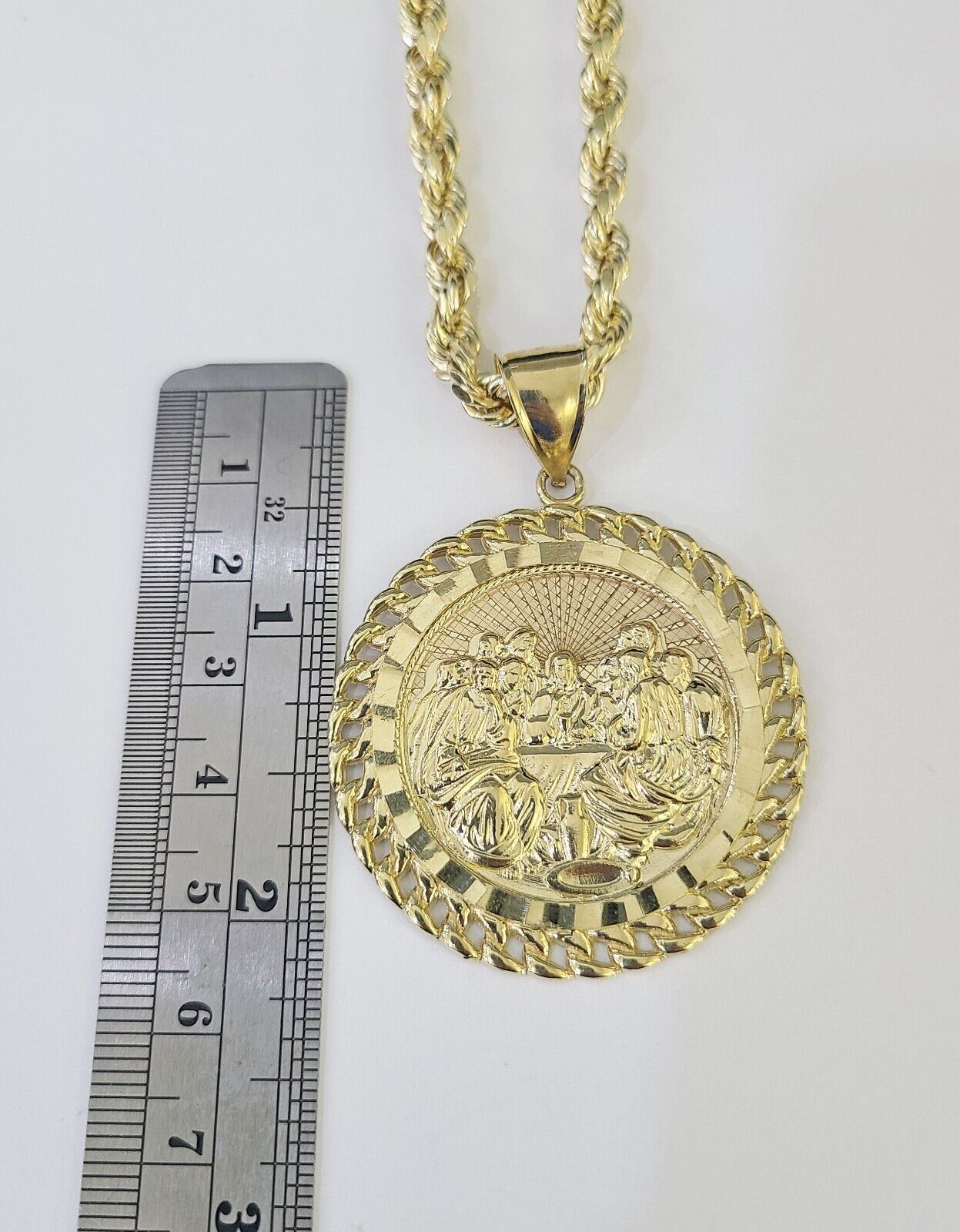 Real 10k Rope Chain Last Supper Charm Set 7mm 18" - 26" Inch Necklace Yellow Gold - GoldenlinQ