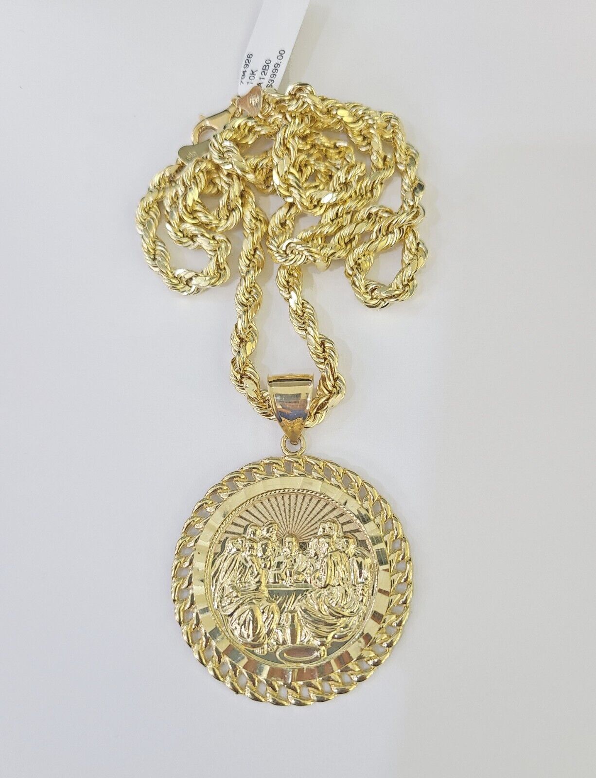 Real 10k Rope Chain Last Supper Charm Set 7mm 18" - 26" Inch Necklace Yellow Gold - GoldenlinQ
