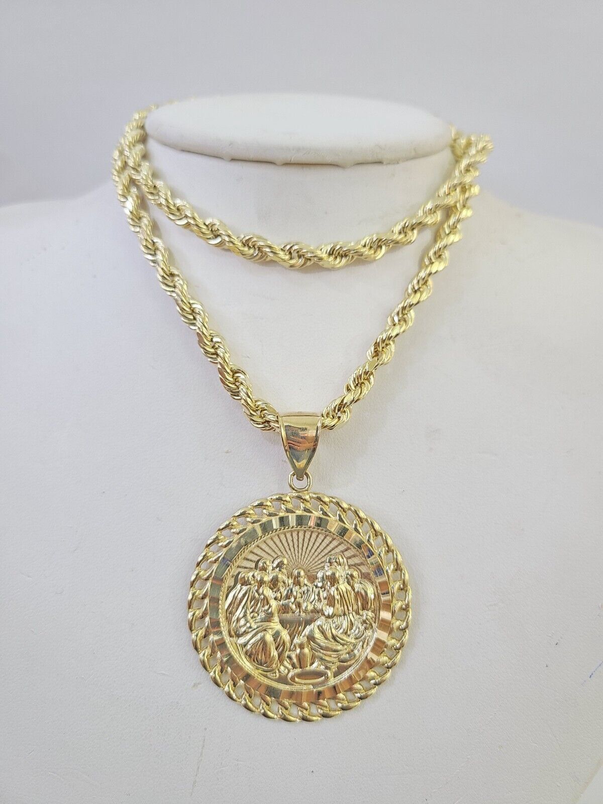 Real 10k Rope Chain Last Supper Charm Set 7mm 18" - 26" Inch Necklace Yellow Gold - GoldenlinQ
