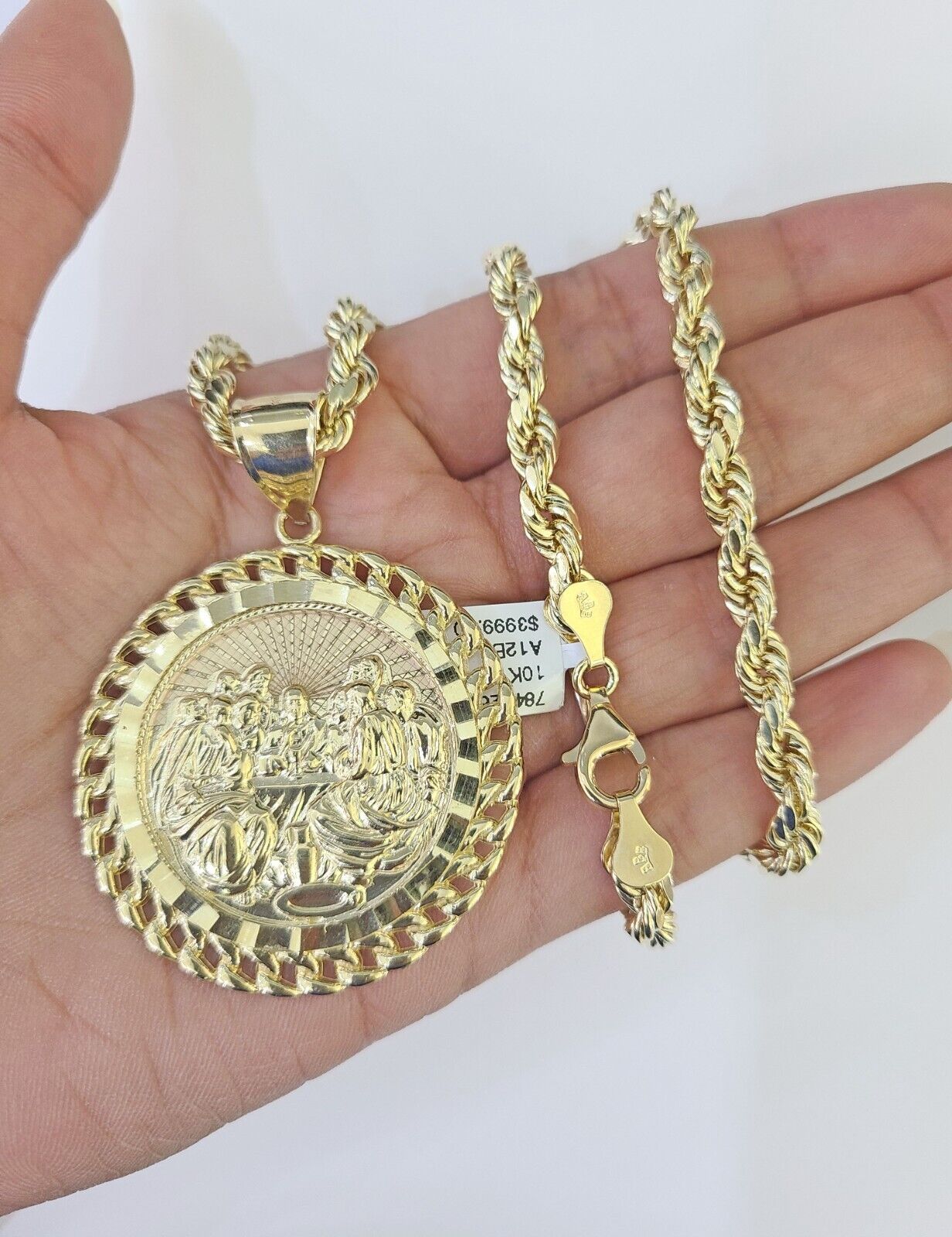 Real 10k Rope Chain Last Supper Charm Set 7mm 18" - 26" Inch Necklace Yellow Gold - GoldenlinQ