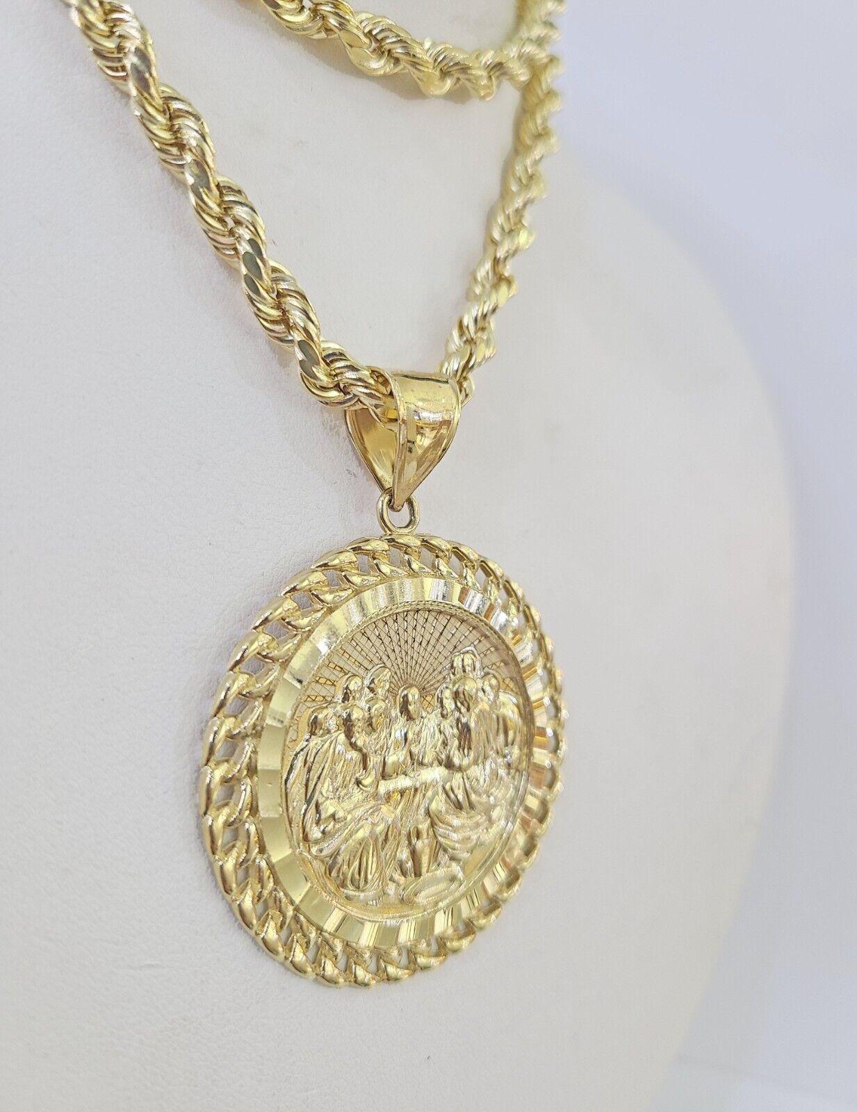 Real 10k Rope Chain Last Supper Charm Set 7mm 18" - 26" Inch Necklace Yellow Gold - GoldenlinQ