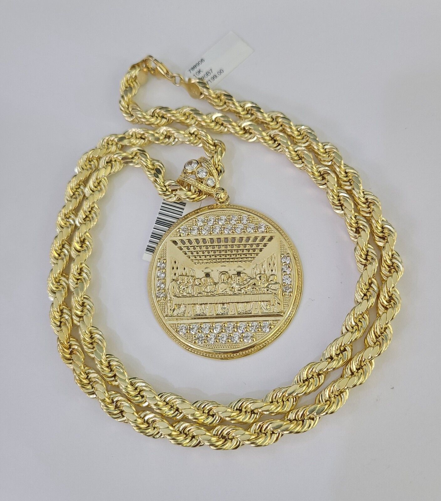 Real 10k Rope Chain Last Supper Charm Set 7mm 20" - 28" Inch Necklace Yellow Gold - GoldenlinQ