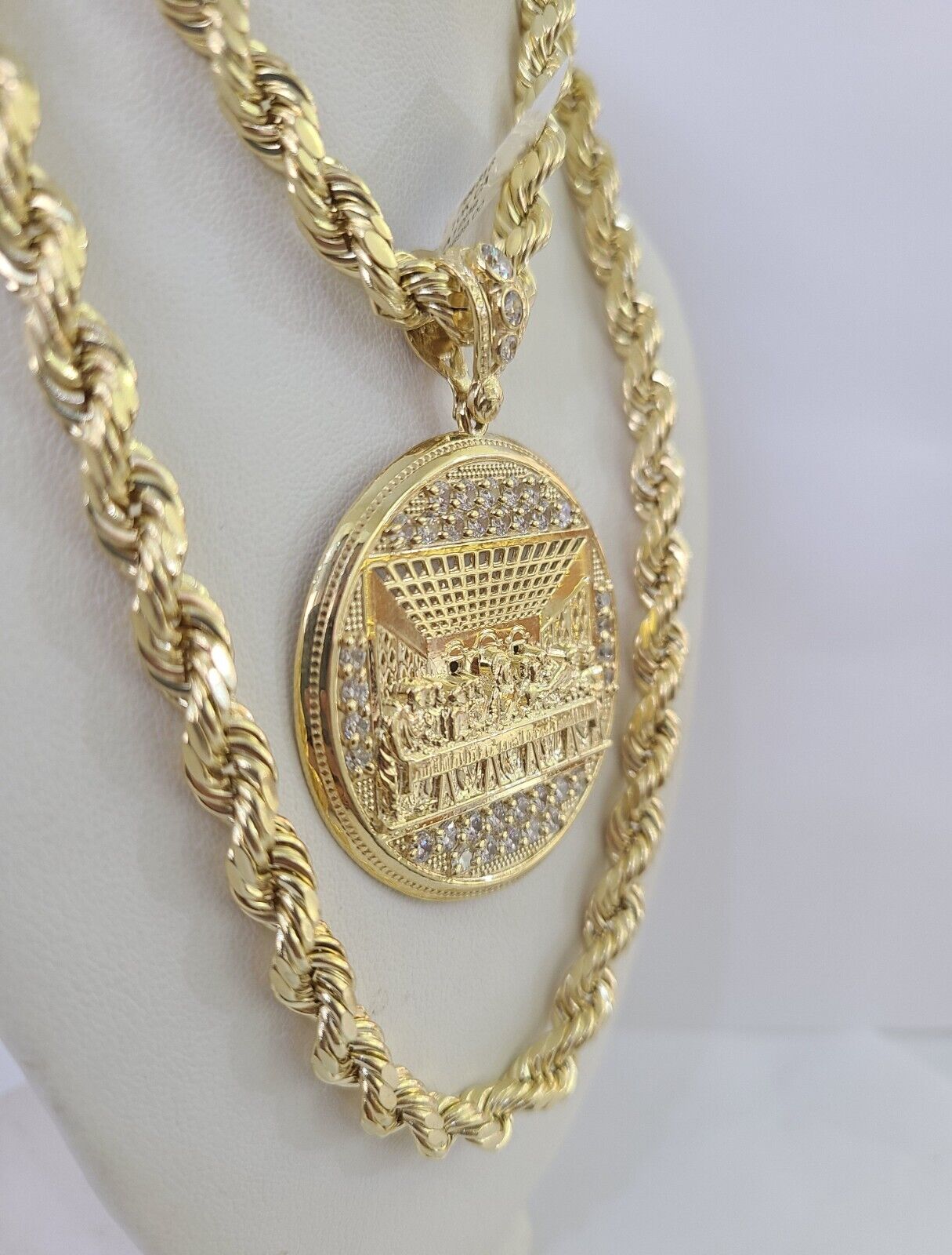 Real 10k Rope Chain Last Supper Charm Set 7mm 20" - 28" Inch Necklace Yellow Gold - GoldenlinQ