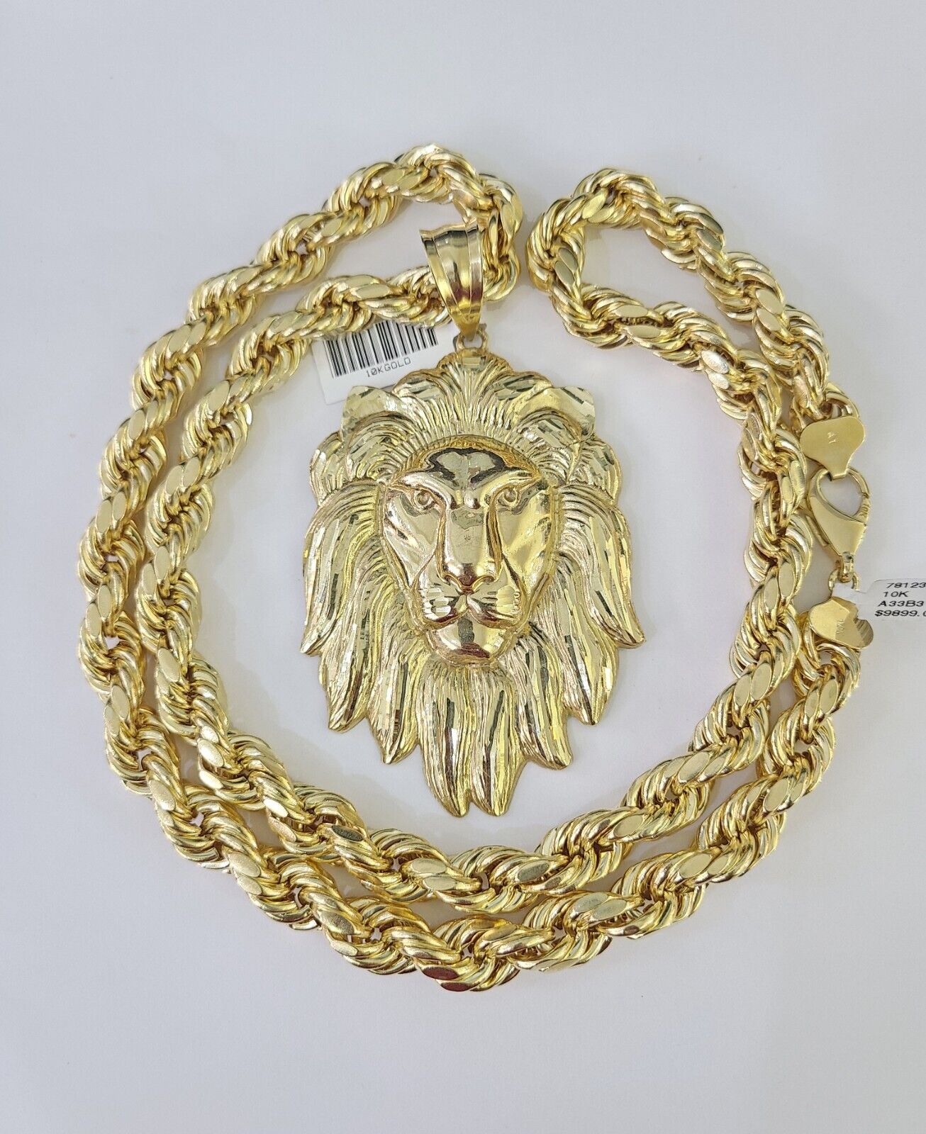 Real 10k Rope Chain Lion Charm Set 10mm 20" - 30" Inch Necklace Yellow Gold - GoldenlinQ