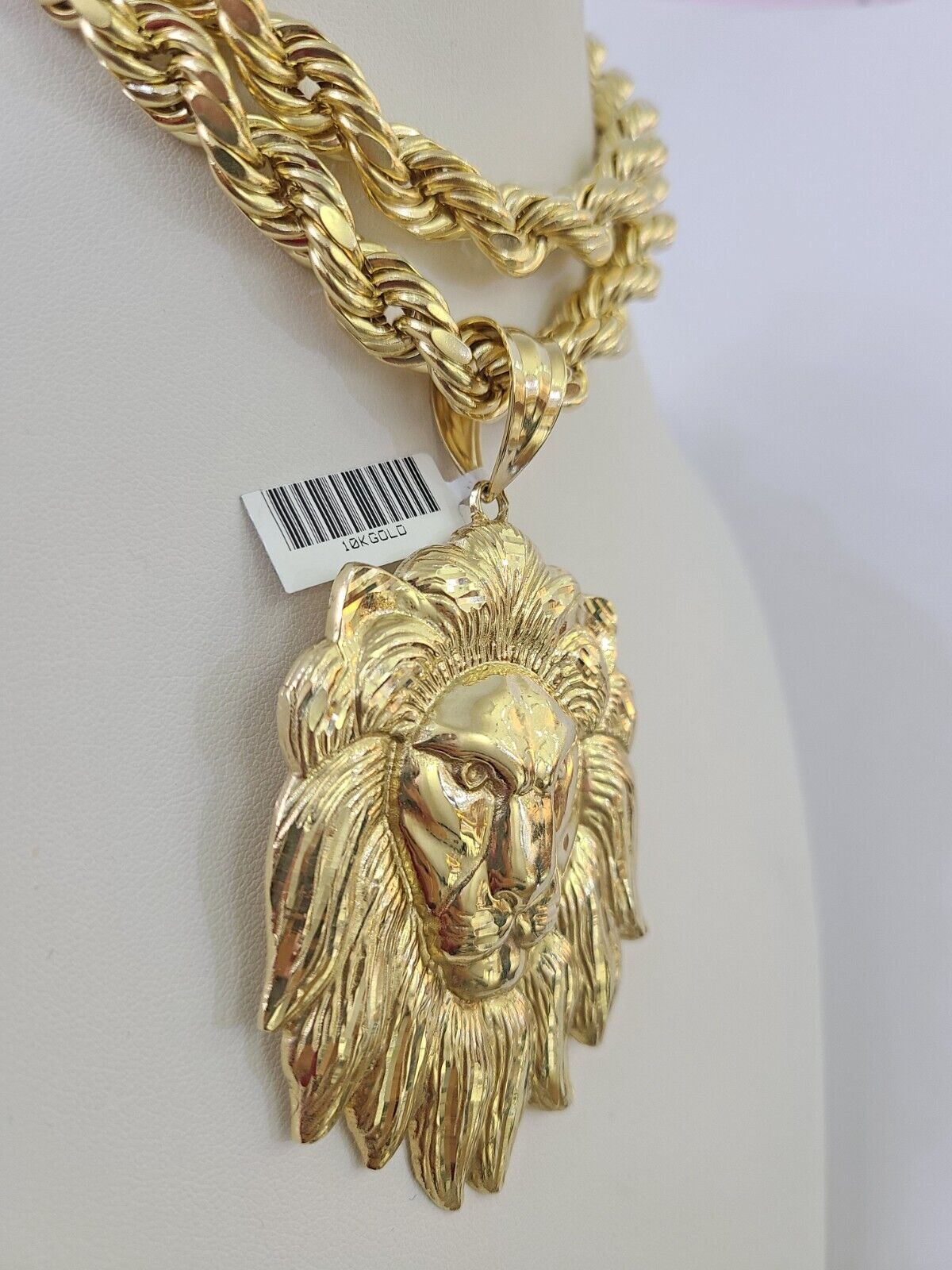 Real 10k Rope Chain Lion Charm Set 10mm 20" - 30" Inch Necklace Yellow Gold - GoldenlinQ