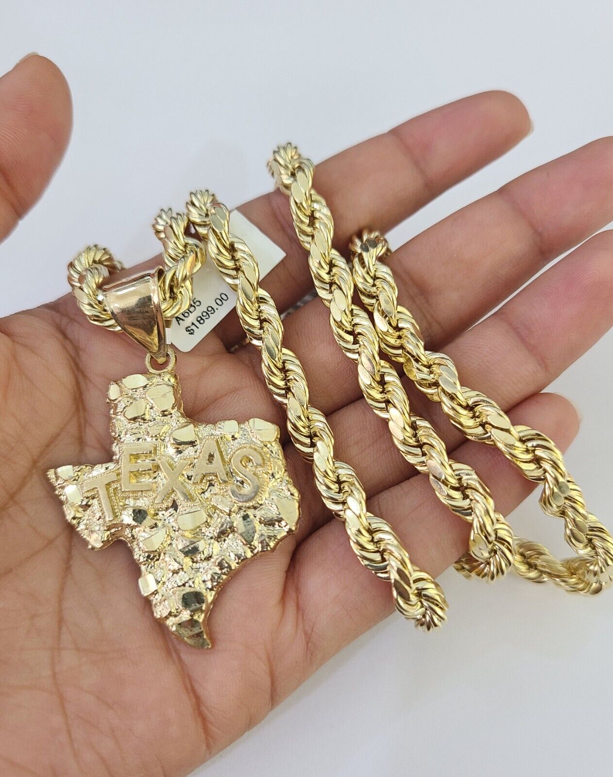 Real 10k Rope Chain Texas Map Charm Set 7mm 20" - 28" Inch Necklace Gold - GoldenlinQ