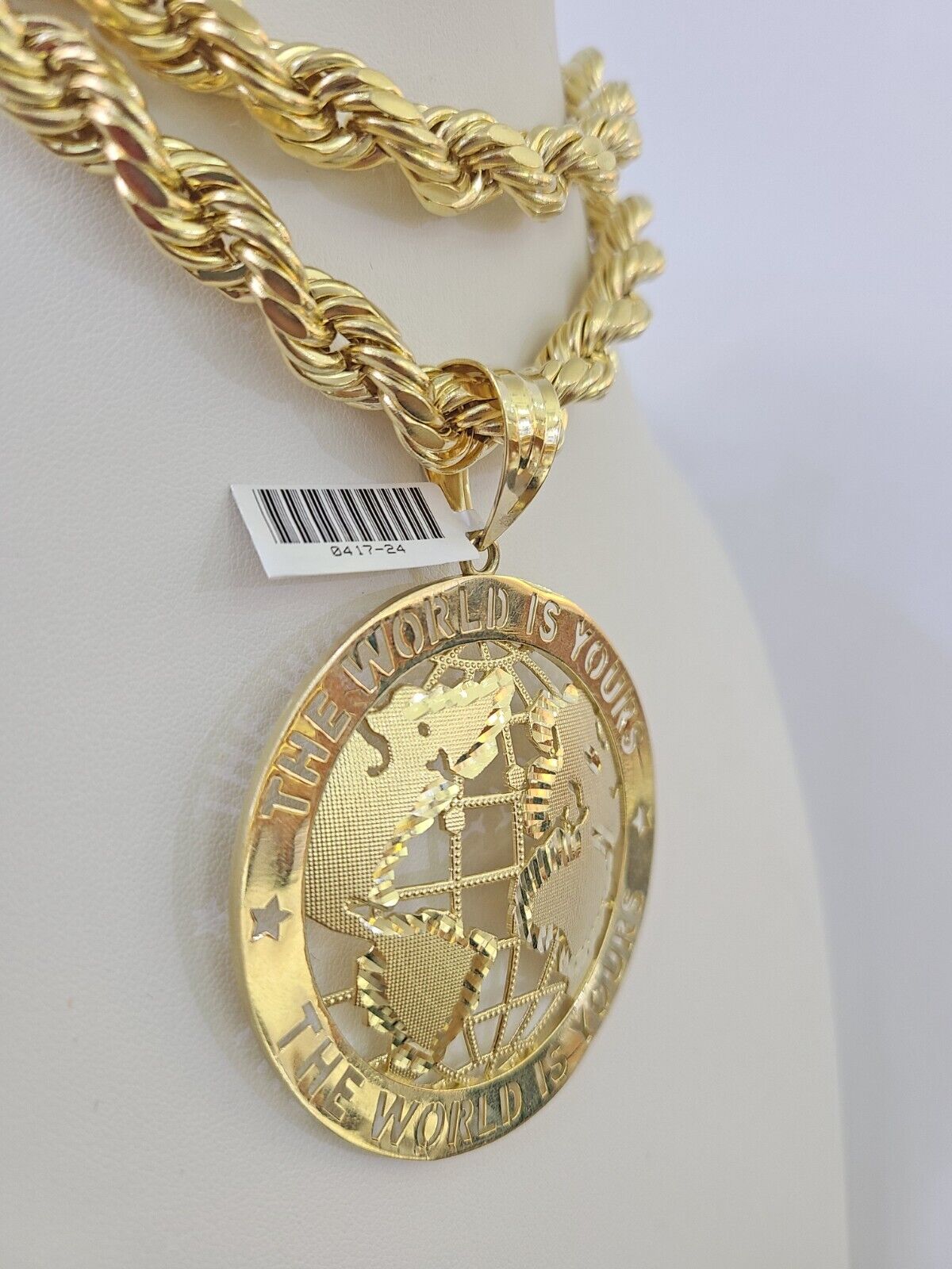 Real 10k Rope Chain World is Yours Charm Set 10mm 20" - 30" Inch Necklace Gold - GoldenlinQ