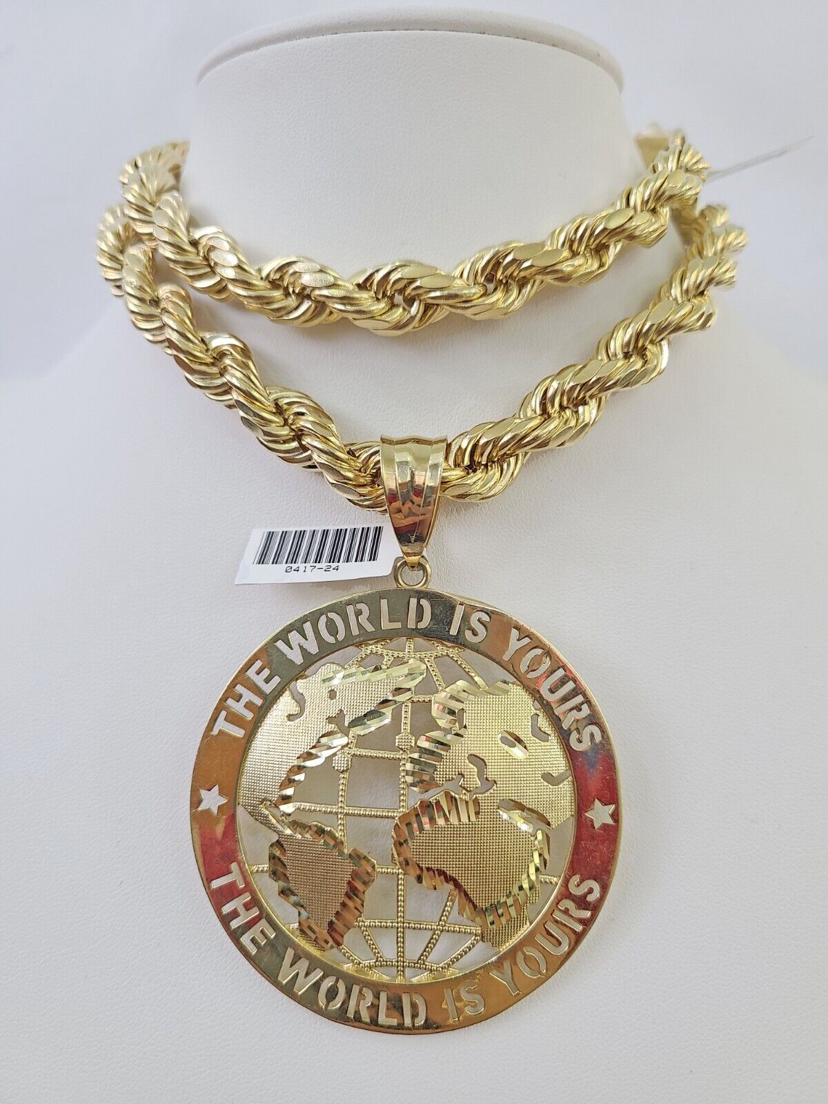 Real 10k Rope Chain World is Yours Charm Set 10mm 20" - 30" Inch Necklace Gold - GoldenlinQ