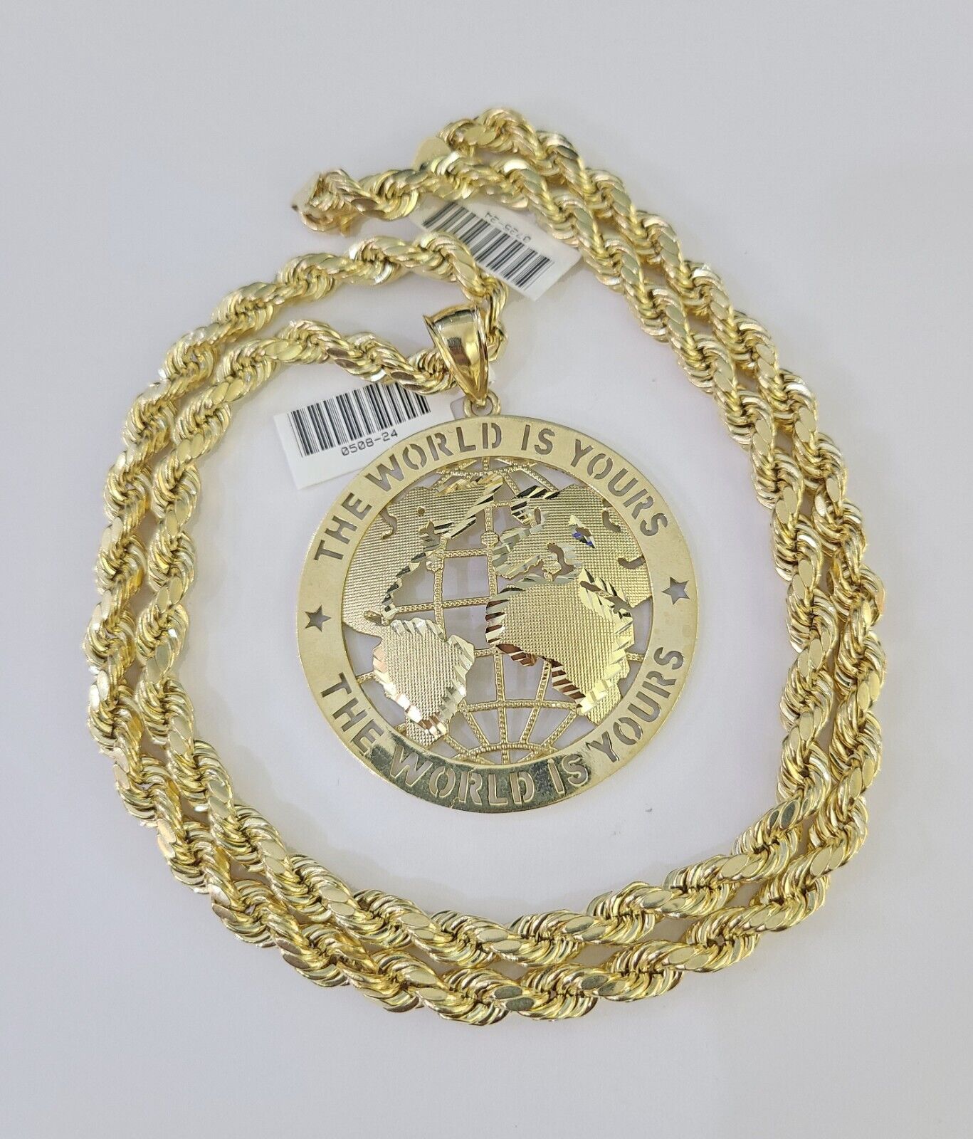 Real 10k Rope Chain World is Yours Charm Set 7mm 20" - 28" Inch Necklace Gold - GoldenlinQ