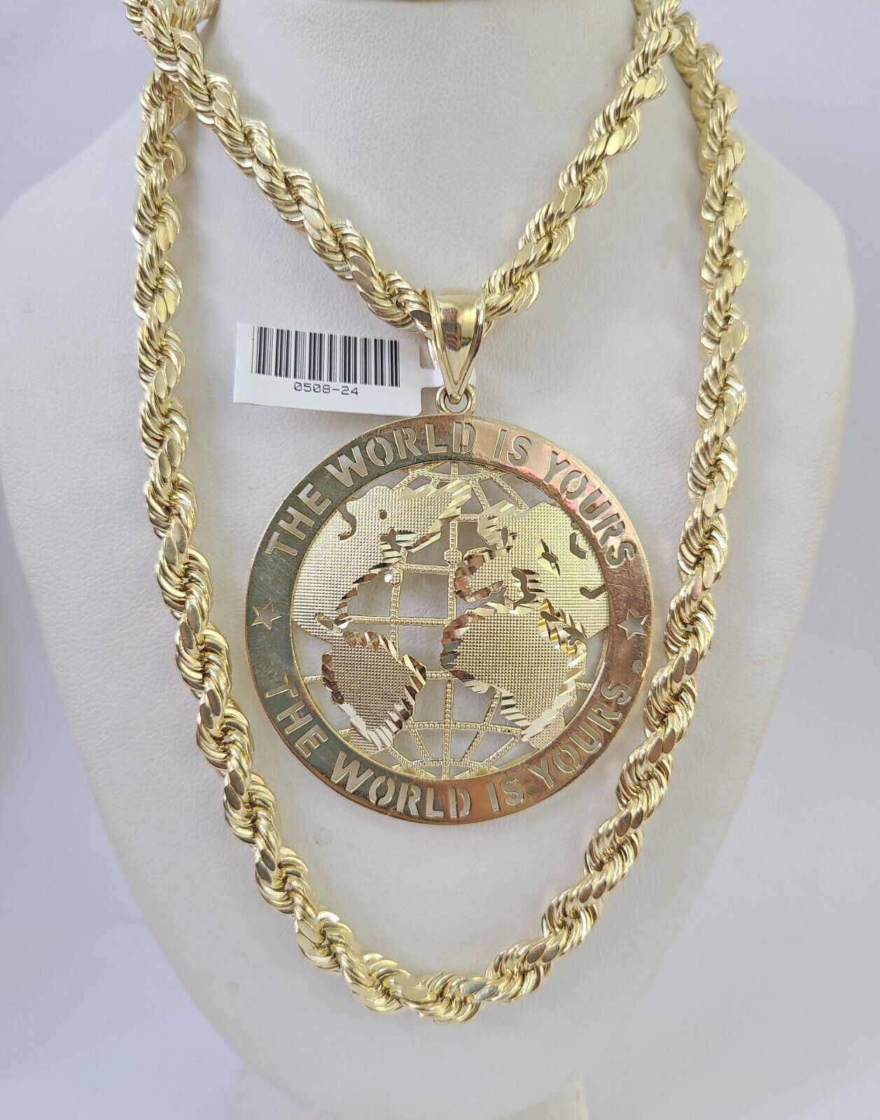 Real 10k Rope Chain World is Yours Charm Set 7mm 20" - 28" Inch Necklace Gold - GoldenlinQ