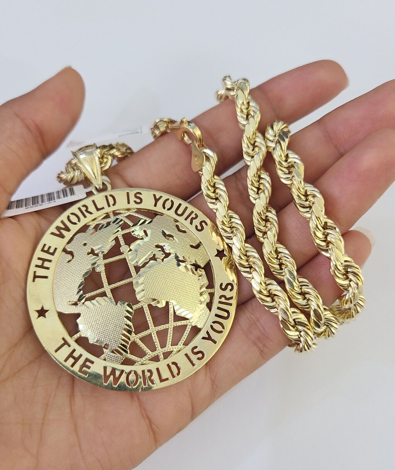 Real 10k Rope Chain World is Yours Charm Set 7mm 20" - 28" Inch Necklace Gold - GoldenlinQ