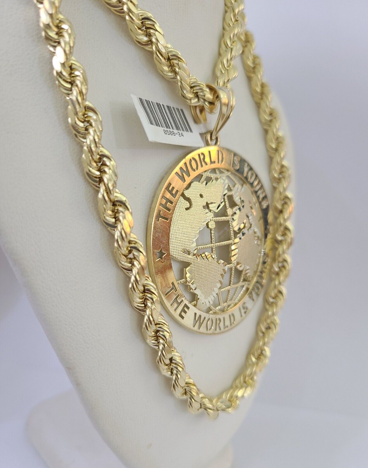 Real 10k Rope Chain World is Yours Charm Set 7mm 20" - 28" Inch Necklace Gold - GoldenlinQ