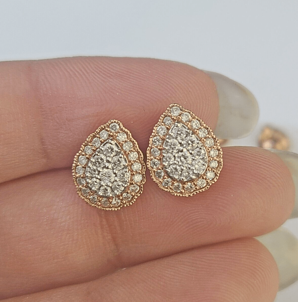 Real 10k Rose Gold Earrings Pear Shaped Diamond Screw - Back Women Men Studs - GoldenlinQ