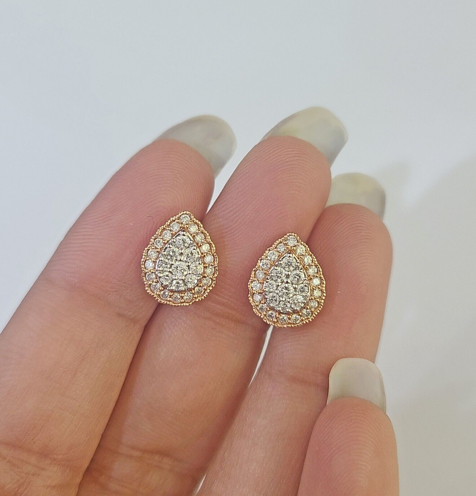Real 10k Rose Gold Earrings Pear Shaped Diamond Screw - Back Women Men Studs - GoldenlinQ