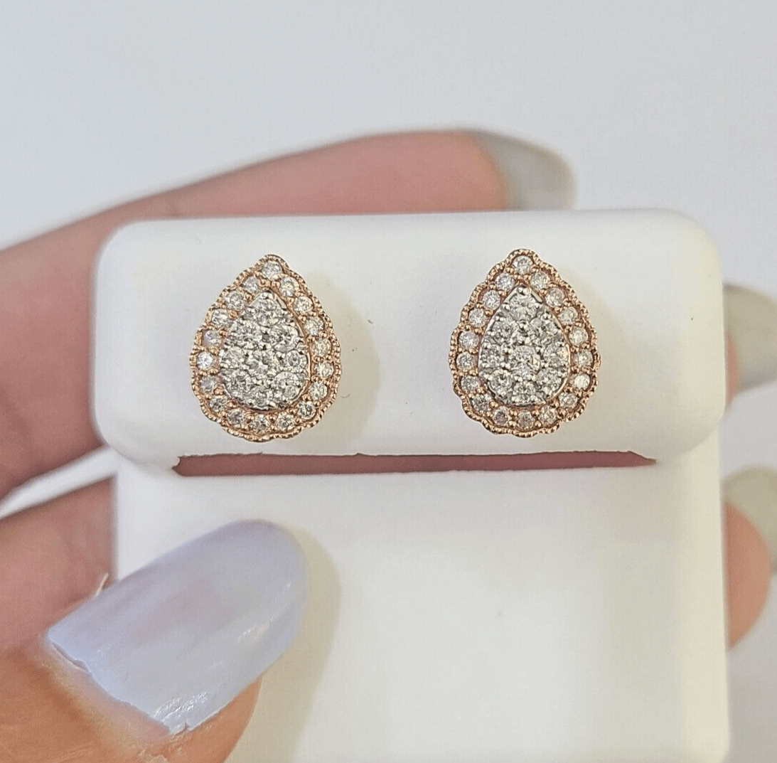 Real 10k Rose Gold Earrings Pear Shaped Diamond Screw - Back Women Men Studs - GoldenlinQ