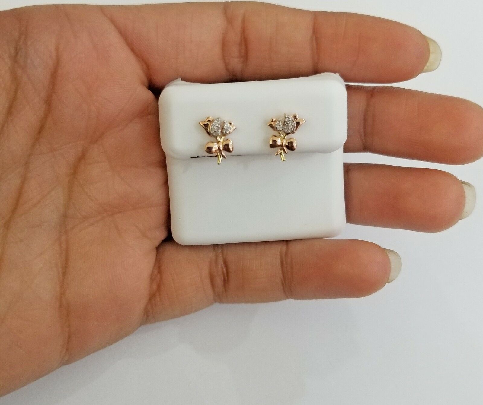 Real 10k rose gold flower Earring with 0.04CT diamond screw - bag Women studs - GoldenlinQ