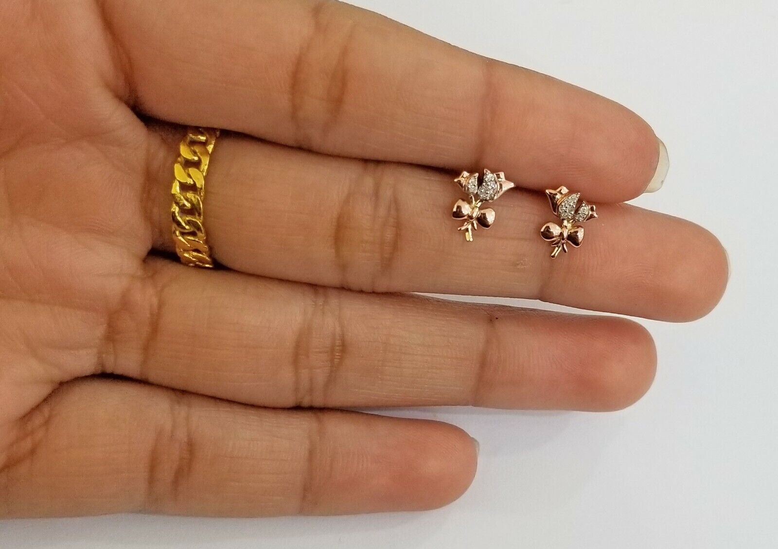 Real 10k rose gold flower Earring with 0.04CT diamond screw - bag Women studs - GoldenlinQ