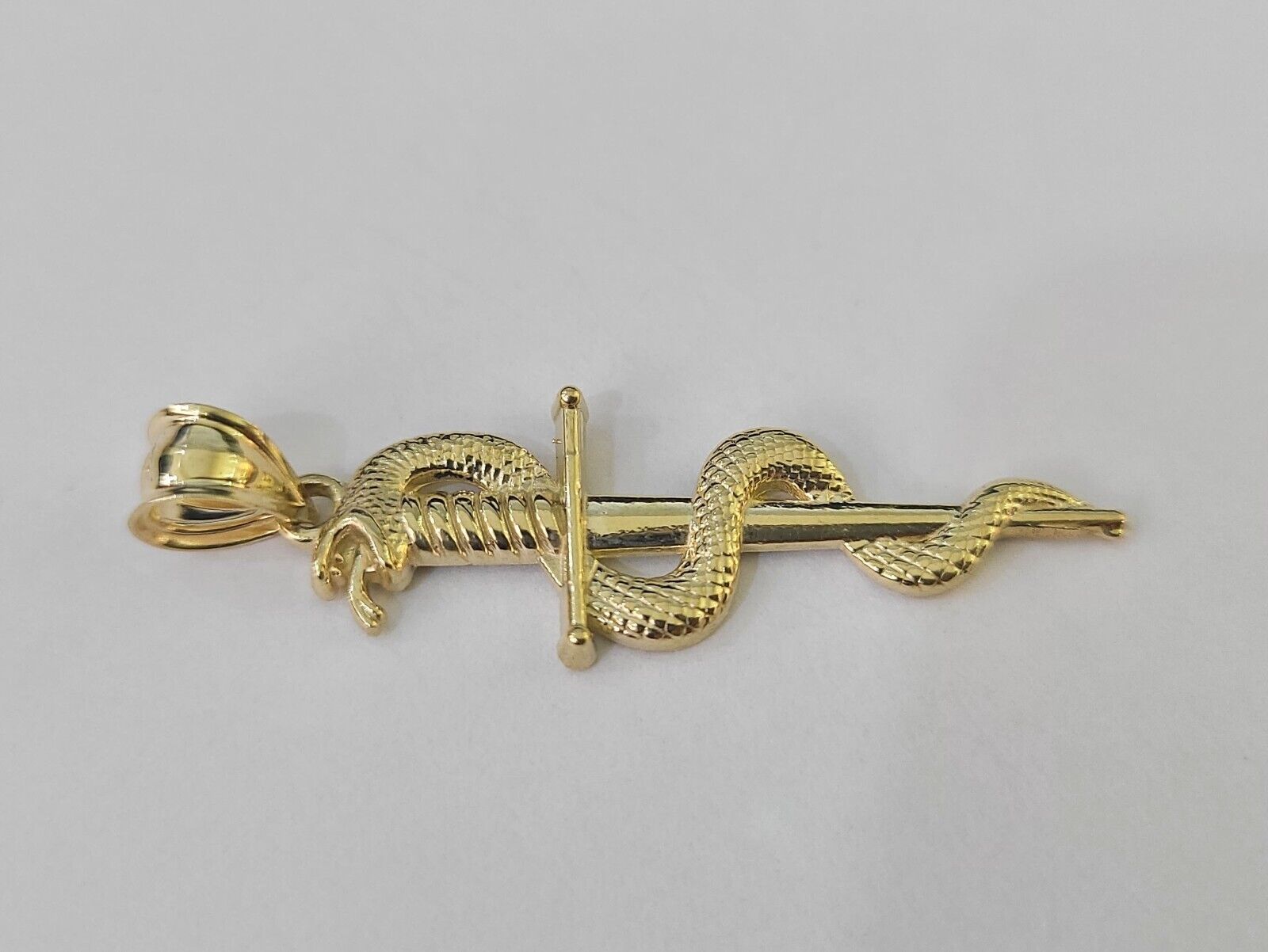 Real 10K Snake Sword Pendant 1.5" Yellow Gold Charm Veterinarian Caduceus - GoldenlinQ